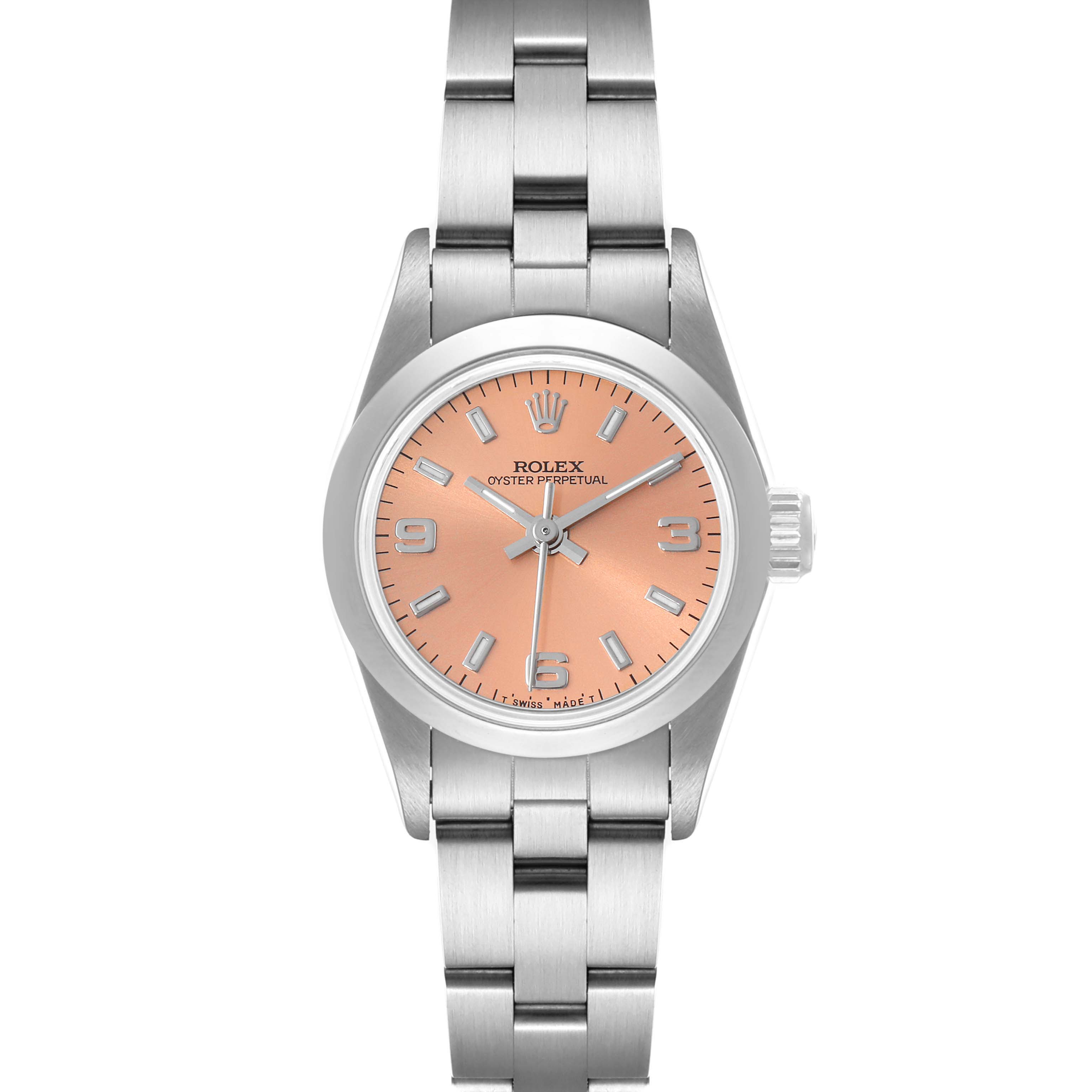 The image shows a frontal view of a Rolex Oyster Perpetual 67180 Women's Stainless Steel Pink Dial 67180 Women's Stainless Steel Pink Dial watch with a pink dial and stainless steel bracelet.