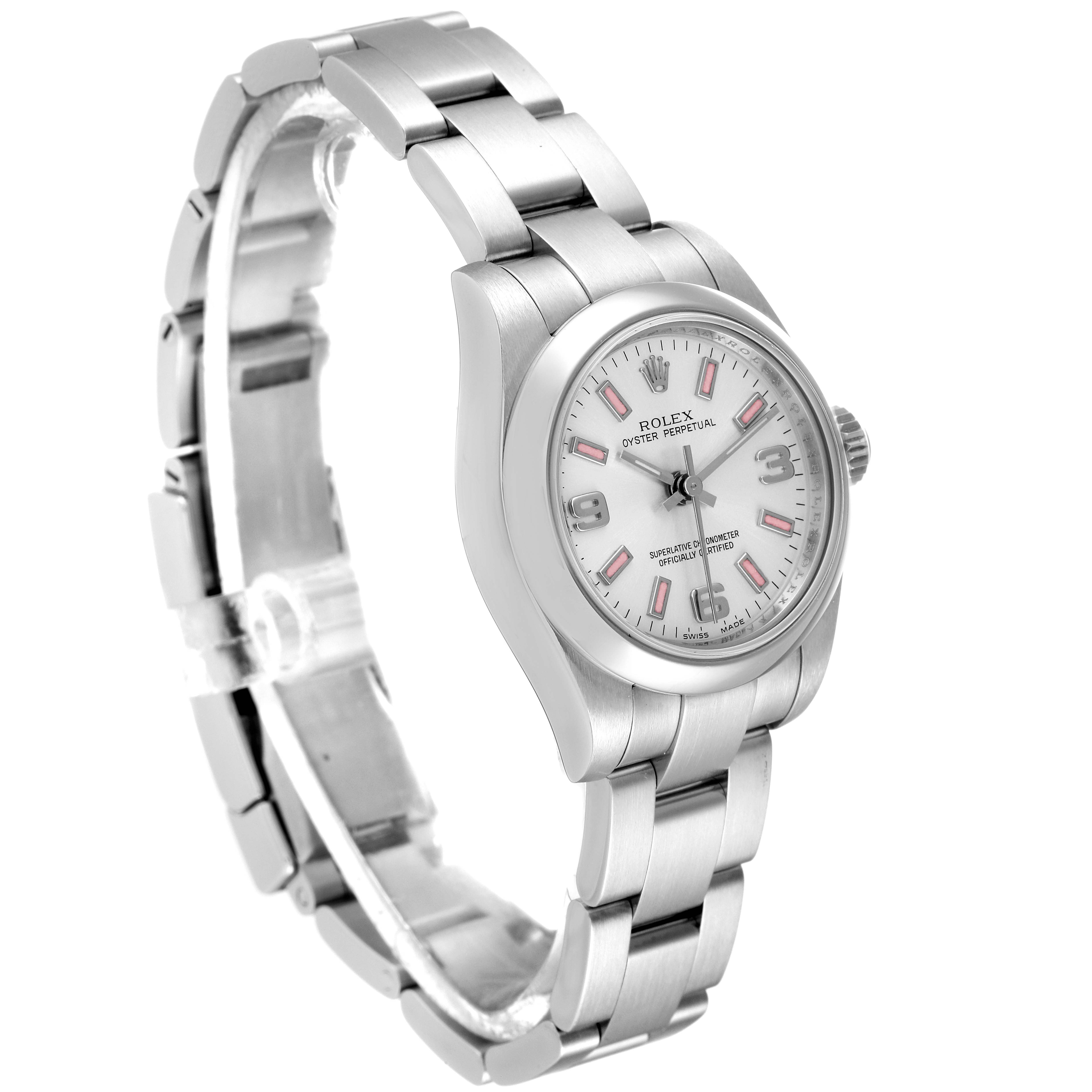 The image shows a Rolex Oyster Perpetual 176200 Women
s Stainless Steel Silver Dial 176200 Women
s Stainless Steel Silver Dial watch at an oblique angle displaying the face and part of the bracelet.