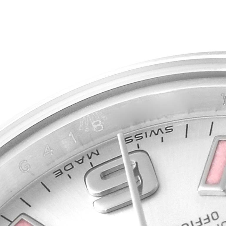 The image shows a close-up of the dial, hands, and indices of a Rolex Oyster Perpetual 176200 Women
s Stainless Steel Silver Dial 176200 Women
s Stainless Steel Silver Dial watch.