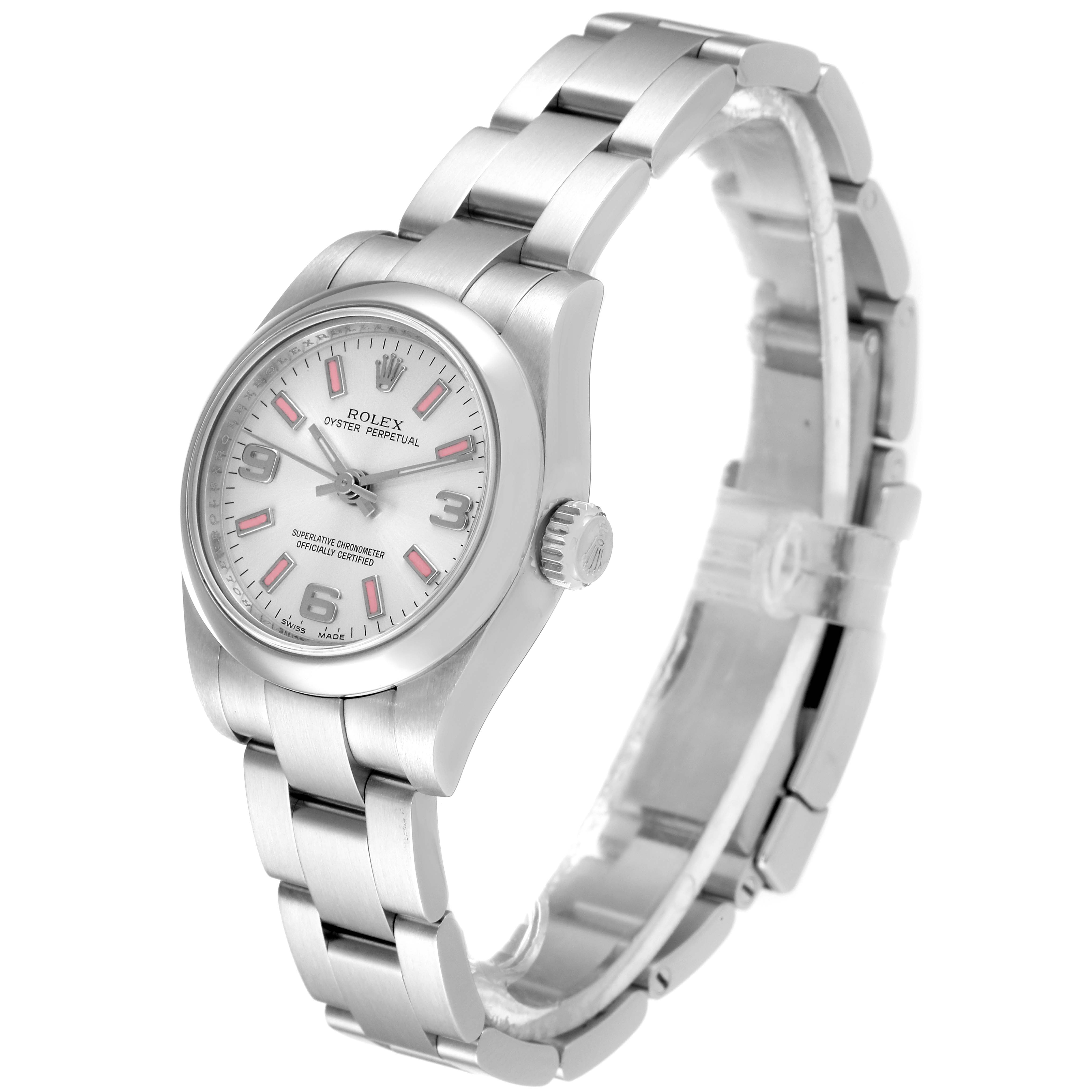 The Rolex Oyster Perpetual 176200 Women
s Stainless Steel Silver Dial 176200 Women
s Stainless Steel Silver Dial watch is shown at a slight left angle, displaying the face, bezel, crown, and stainless steel bracelet.