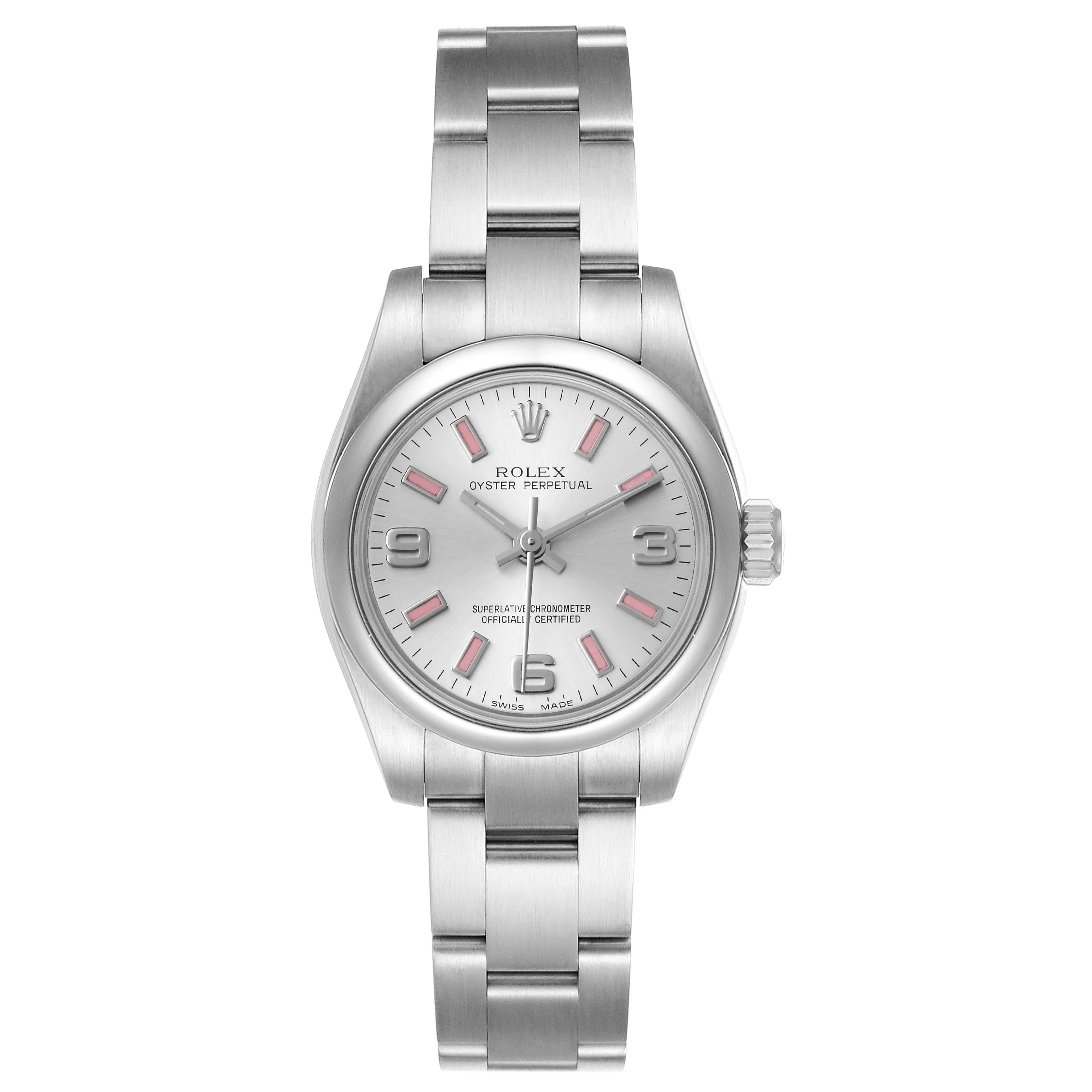 This is a front view of the Rolex Oyster Perpetual 176200 Women
s Stainless Steel Silver Dial 176200 Women
s Stainless Steel Silver Dial watch showing the face, bezel, case, and bracelet.