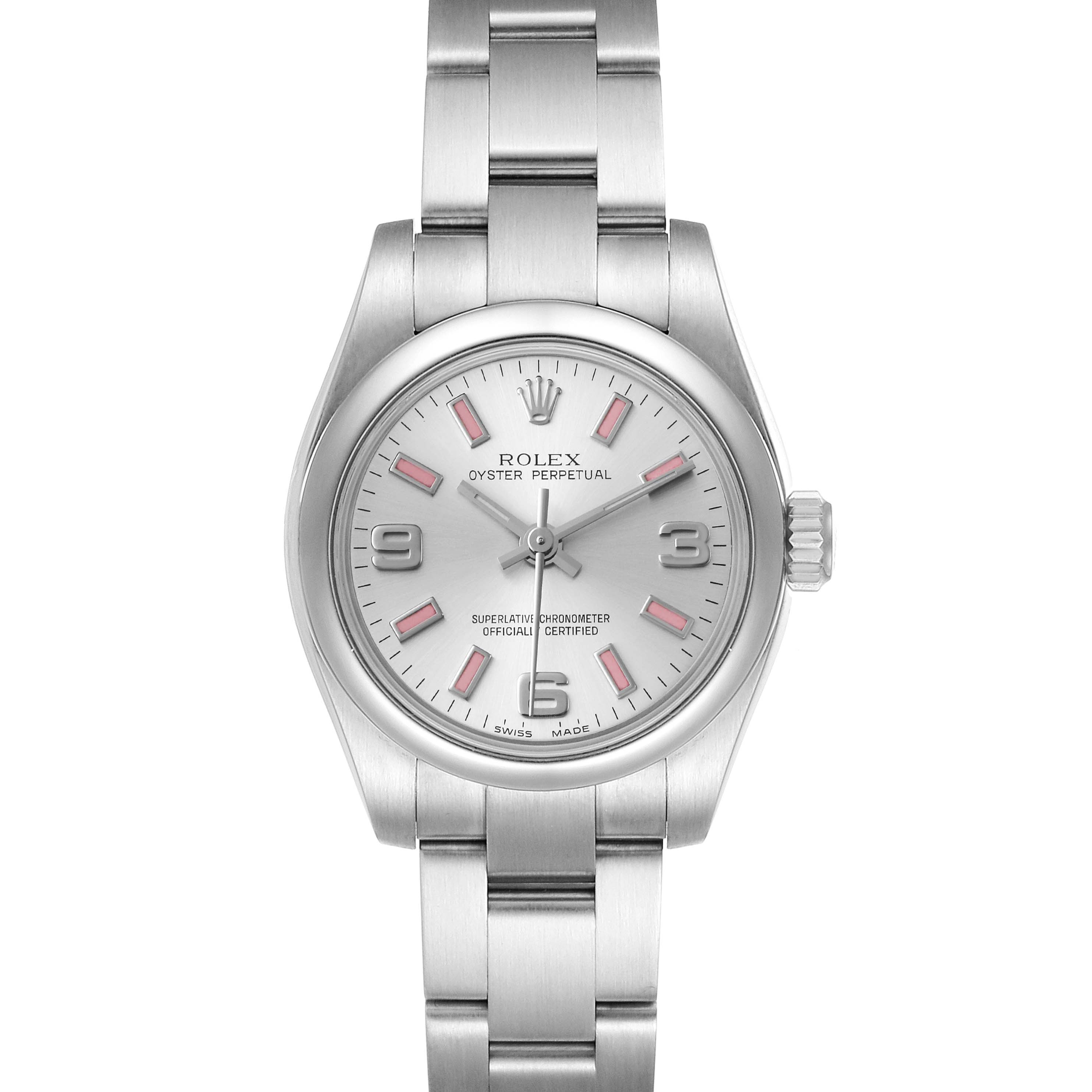The image shows a frontal view of a Rolex Oyster Perpetual 176200 Women
s Stainless Steel Silver Dial 176200 Women
s Stainless Steel Silver Dial watch, displaying its dial, bezel, and bracelet.