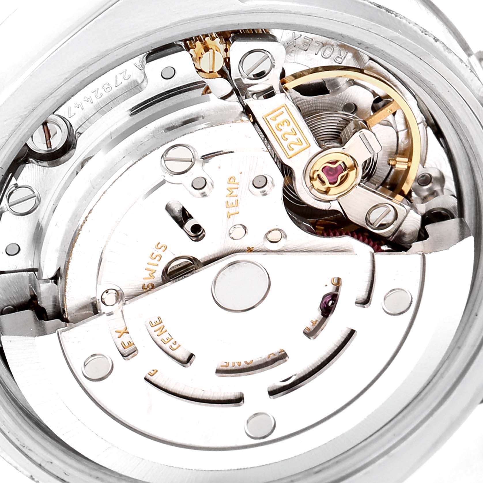 The image shows a close-up view of the intricate internal movement mechanism of a Rolex Oyster Perpetual 176200 Women
s Stainless Steel Silver Dial 176200 Women
s Stainless Steel Silver Dial watch.
