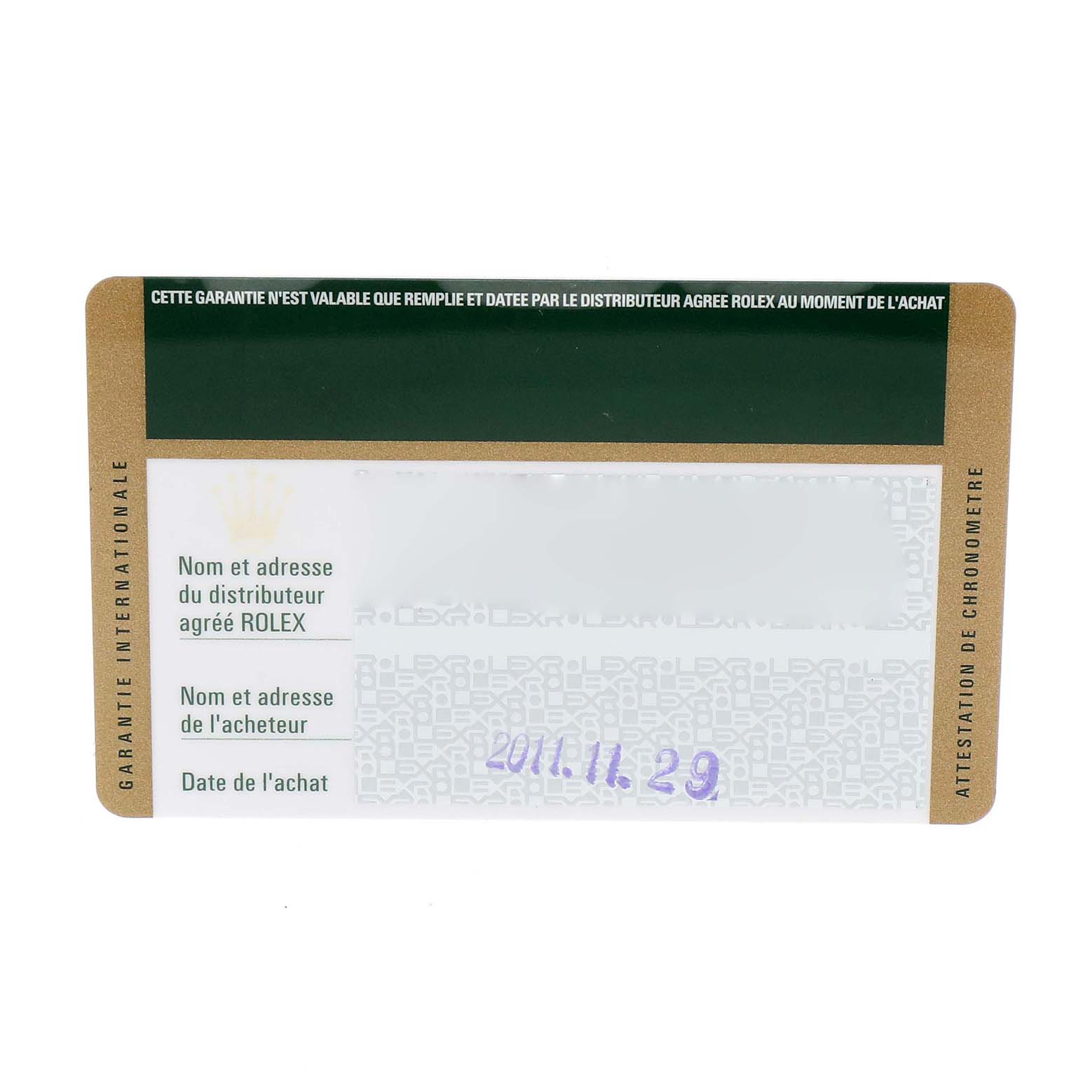 The image shows a warranty card for the Rolex Oyster Perpetual 176200 Women
s Stainless Steel Silver Dial 176200 Women
s Stainless Steel Silver Dial model, displaying purchase details and authorized dealer information.