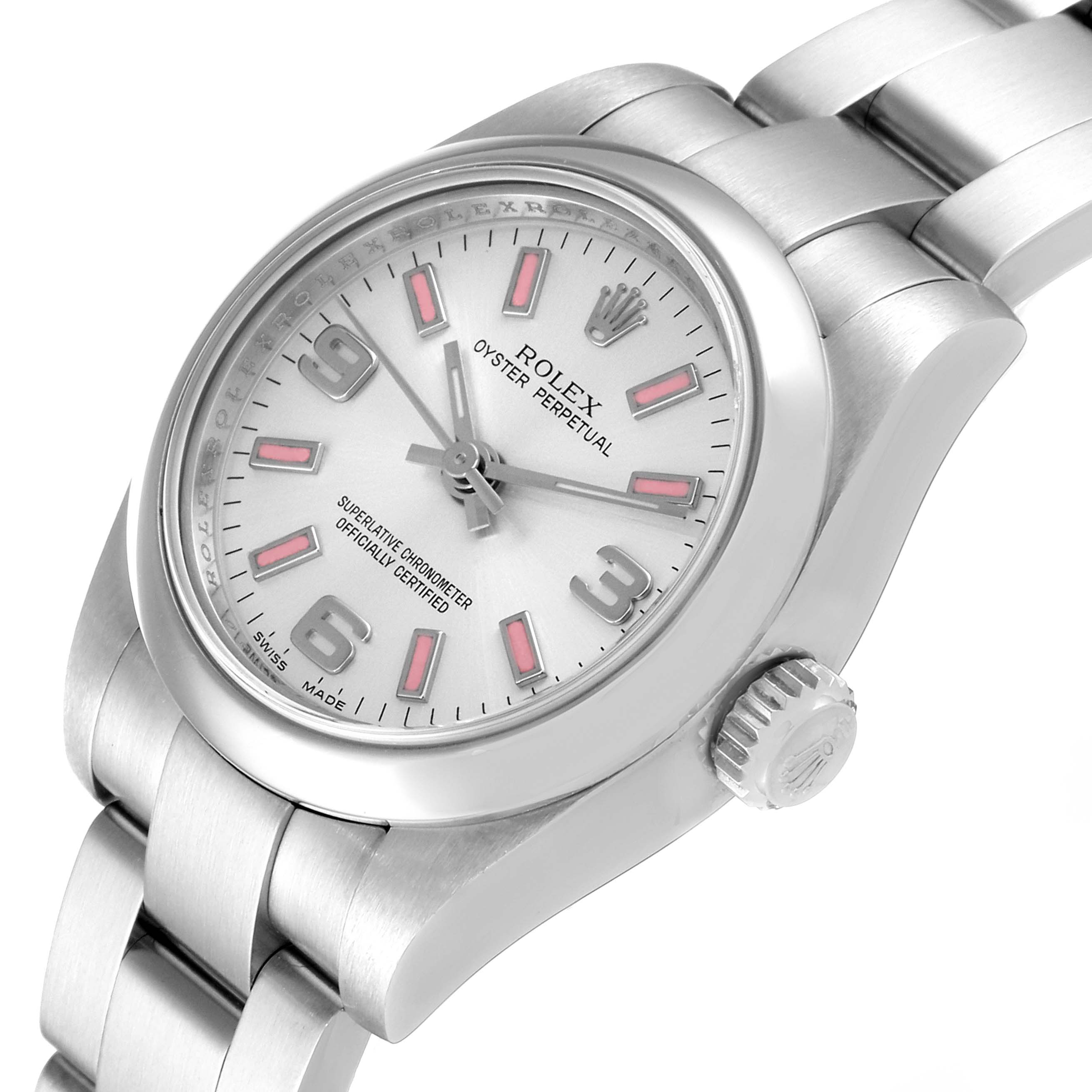 The image shows a Rolex Oyster Perpetual 176200 Women
s Stainless Steel Silver Dial 176200 Women
s Stainless Steel Silver Dial watch from an oblique angle, displaying the dial, crown, and part of the bracelet.