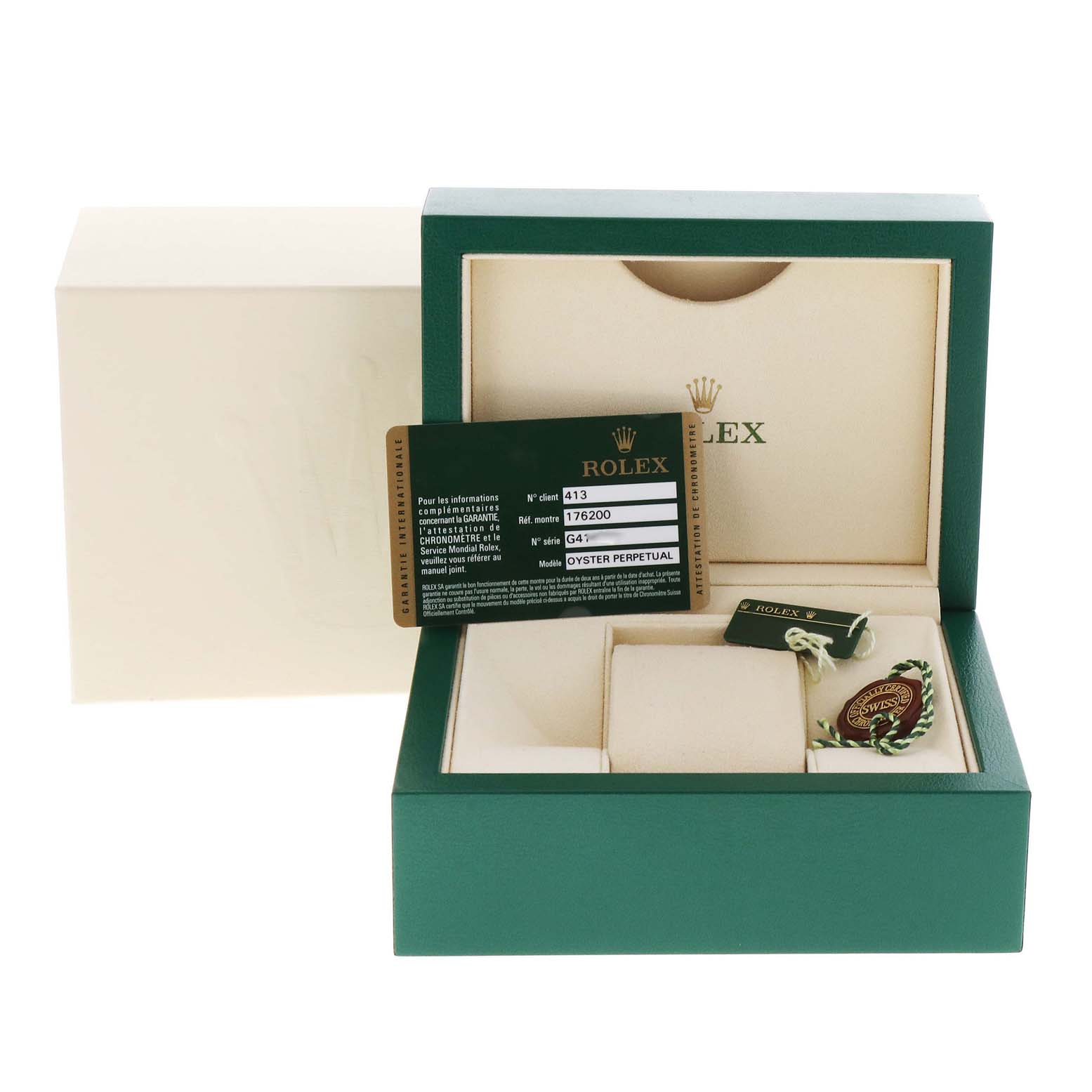 This image shows the packaging and accessories for a Rolex Oyster Perpetual 176200 Women
s Stainless Steel Silver Dial 176200 Women
s Stainless Steel Silver Dial watch, including the box, tag, and Best Quality
ity card.