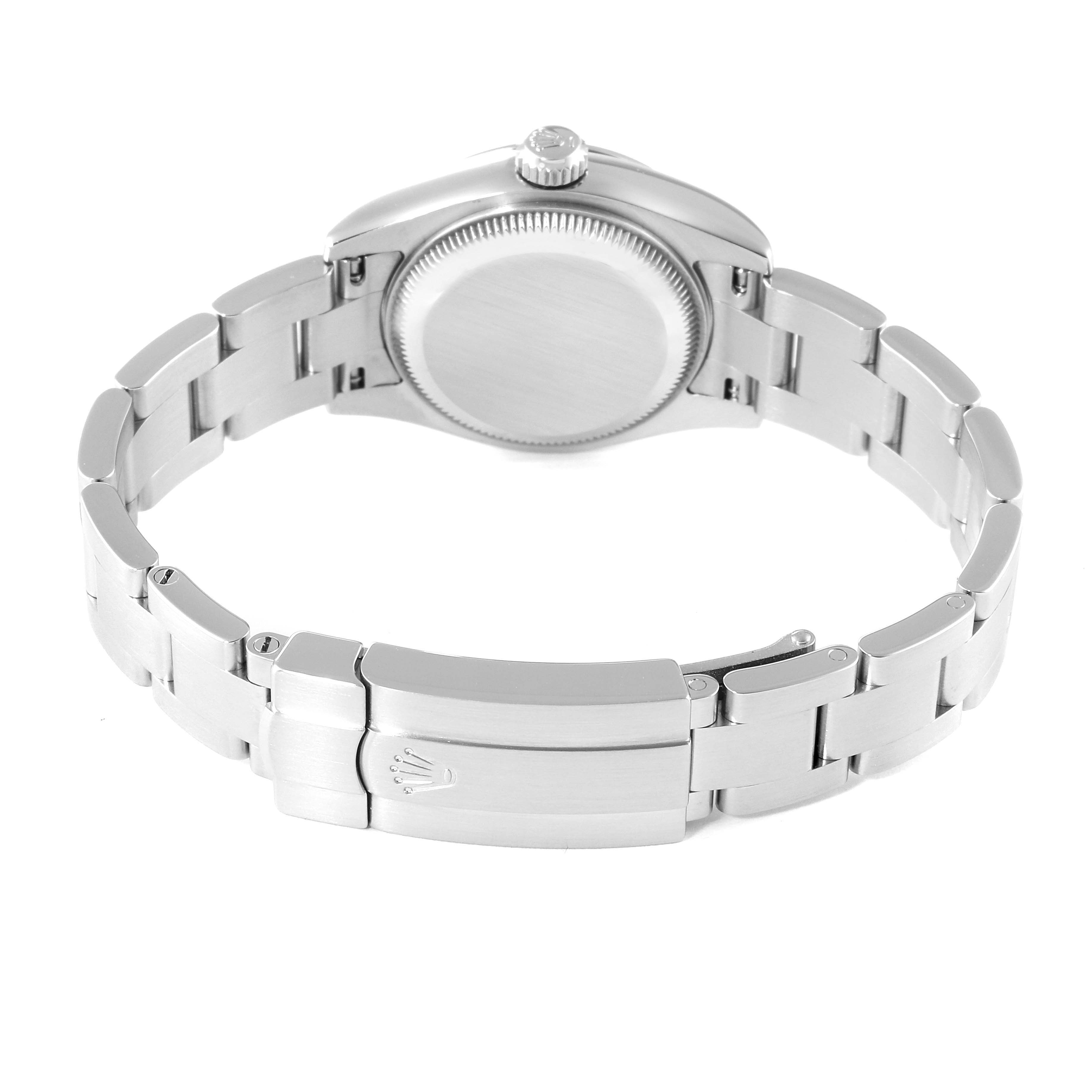The image shows the back view of a Rolex Oyster Perpetual 176200 Women
s Stainless Steel Silver Dial 176200 Women
s Stainless Steel Silver Dial watch, focusing on the bracelet and case back.