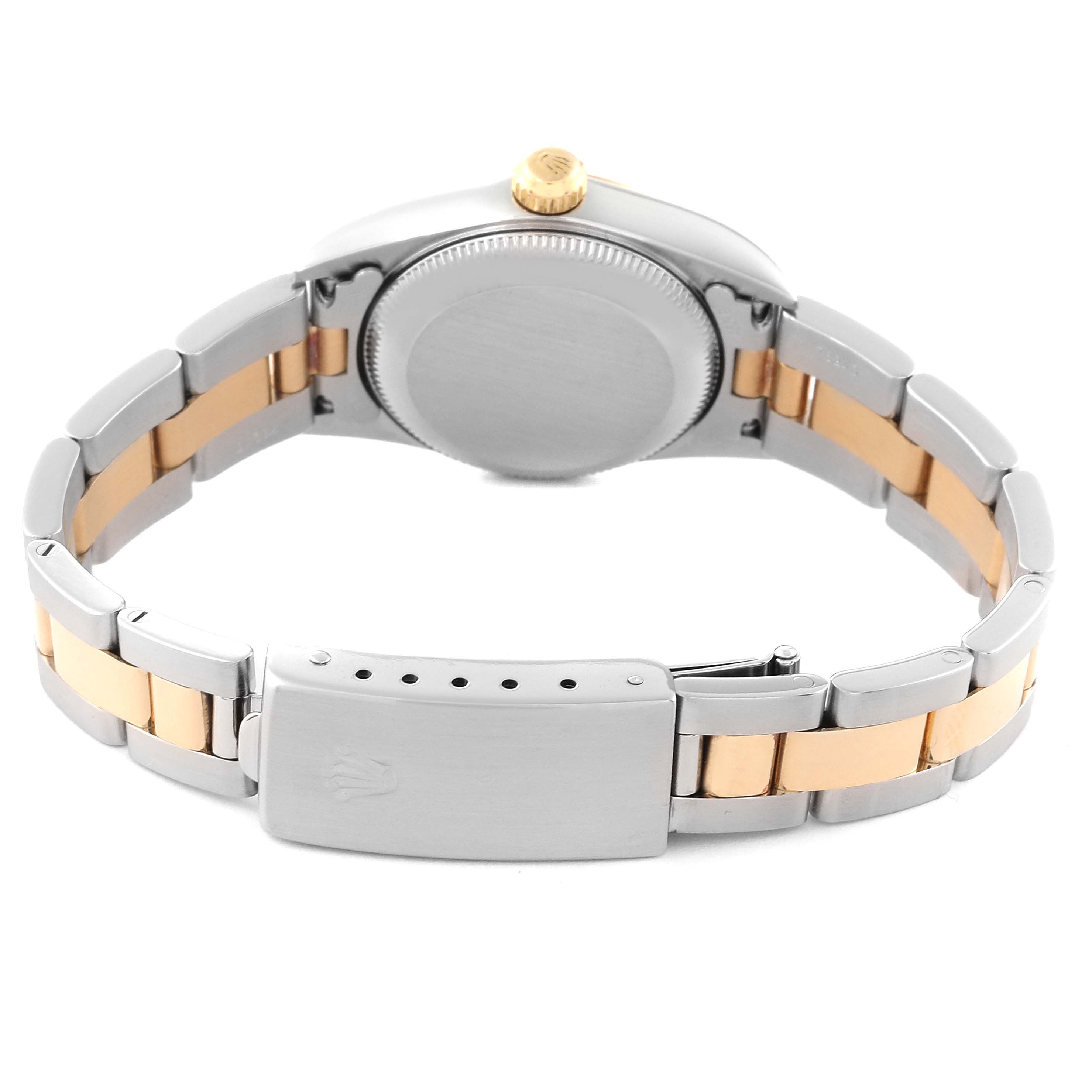 This image shows the back of a Rolex Oyster Perpetual 76183 Women
s Steel and Gold (two tone) White Dial 76183 Women
s Steel and Gold (two tone) White Dial watch, highlighting its clasp and two-tone bracelet.