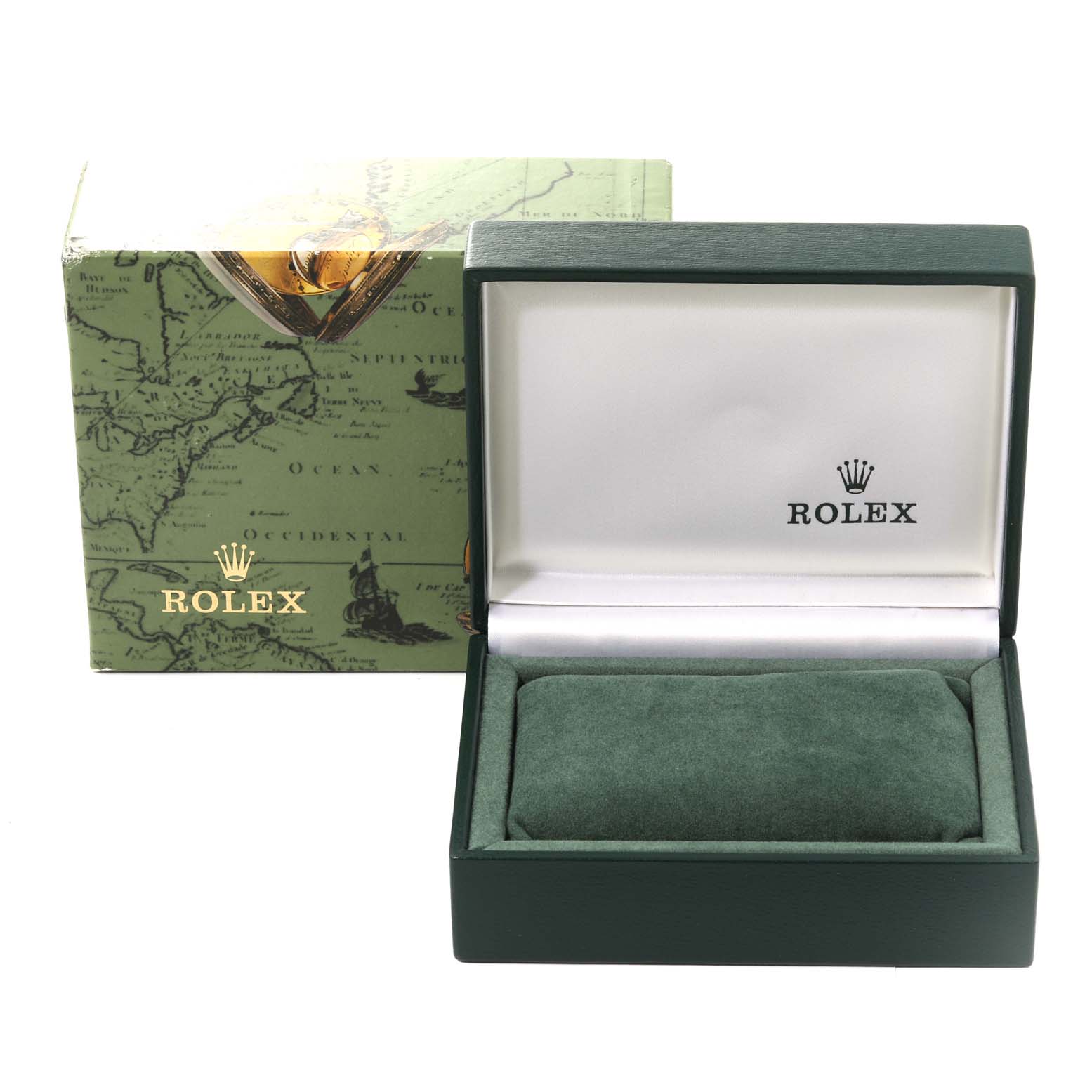 The image shows the packaging and an open box for a Rolex Oyster Perpetual 76183 Women
s Steel and Gold (two tone) White Dial 76183 Women
s Steel and Gold (two tone) White Dial watch, revealing a padded cushion inside.