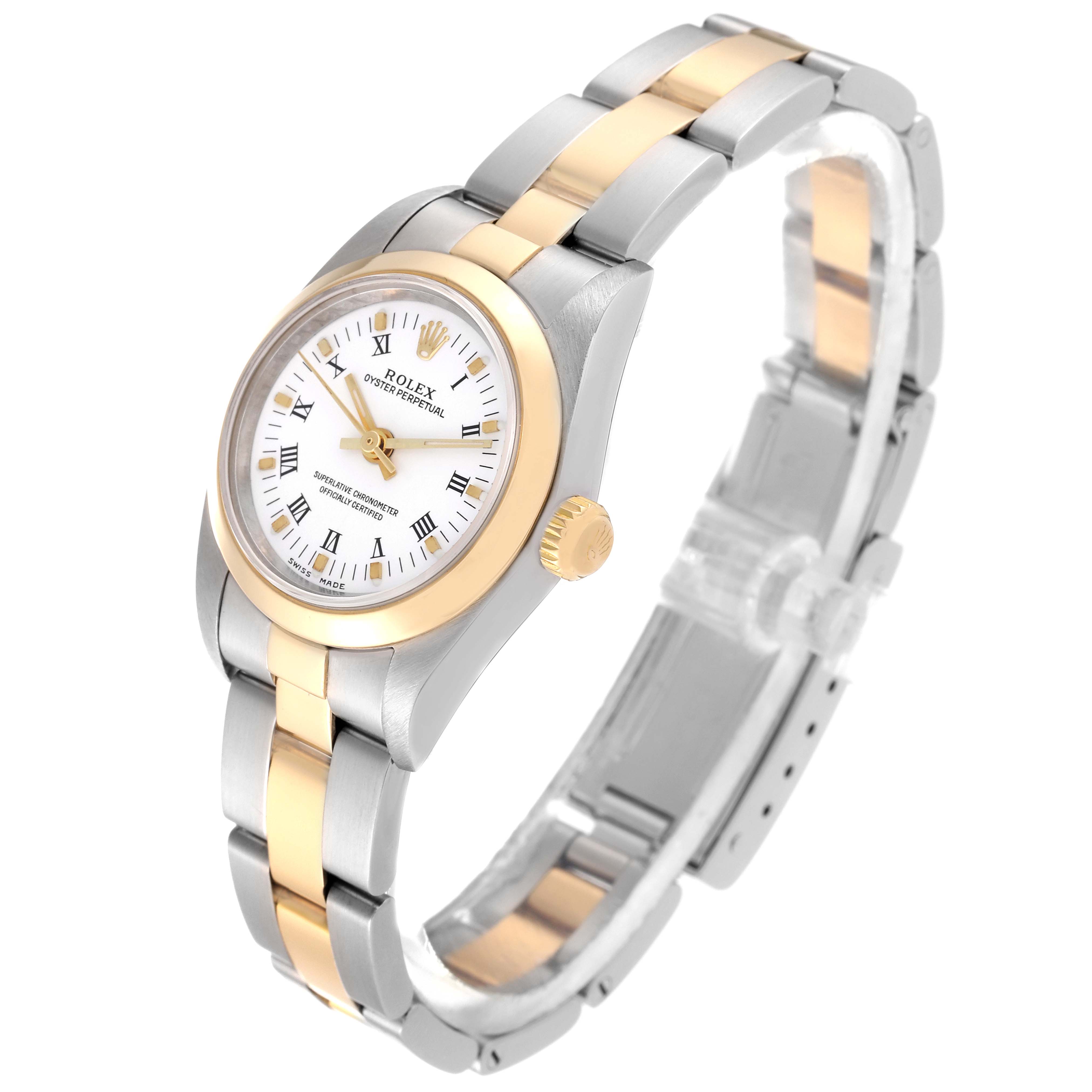 This image shows a Rolex Oyster Perpetual 76183 Women
s Steel and Gold (two tone) White Dial 76183 Women
s Steel and Gold (two tone) White Dial watch from a three-quarter angle, highlighting the face, bezel, case, and bracelet.