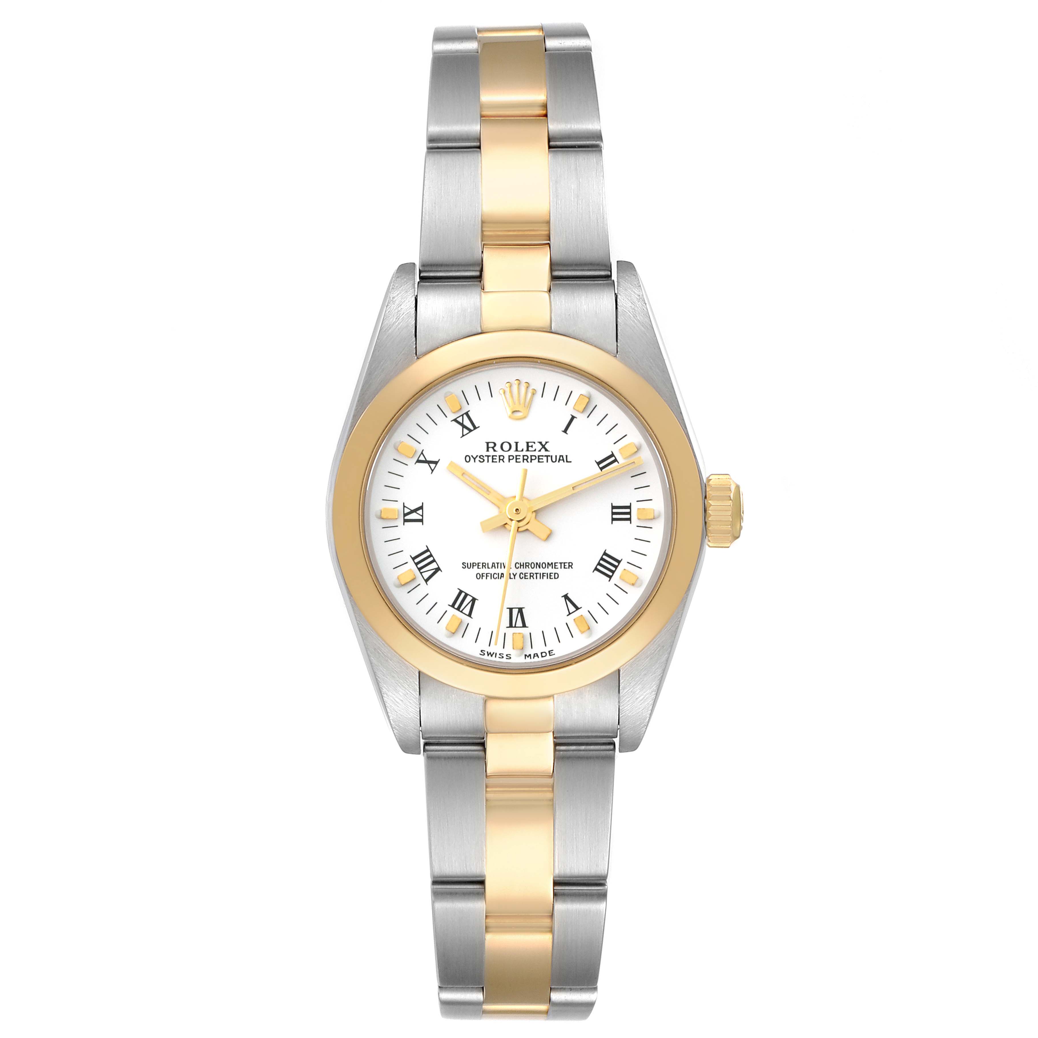 The Rolex Oyster Perpetual 76183 Women
s Steel and Gold (two tone) White Dial 76183 Women
s Steel and Gold (two tone) White Dial watch is shown from a front view, displaying the face, bezel, and bracelet.