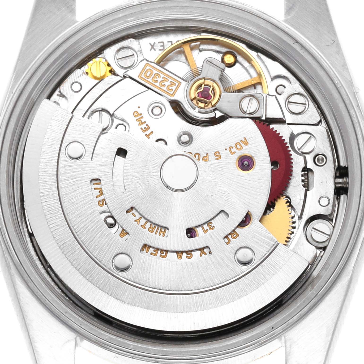 This image shows a close-up of the movement mechanism from the back of a Rolex Oyster Perpetual 76183 Women
s Steel and Gold (two tone) White Dial 76183 Women
s Steel and Gold (two tone) White Dial watch.