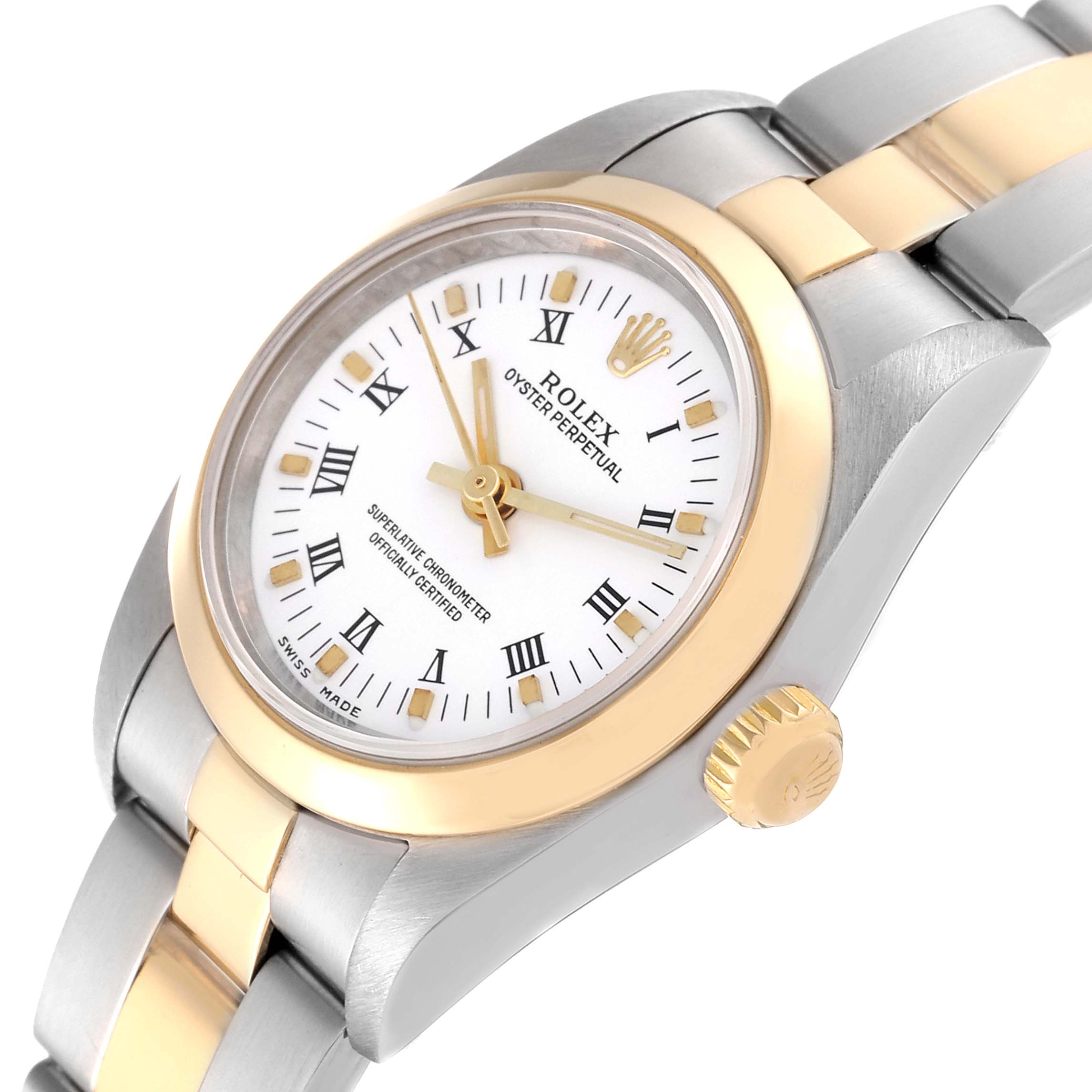 The image shows a close-up of the Rolex Oyster Perpetual 76183 Women
s Steel and Gold (two tone) White Dial 76183 Women
s Steel and Gold (two tone) White Dial watch, focusing on the case, bezel, dial, and part of the bracelet.