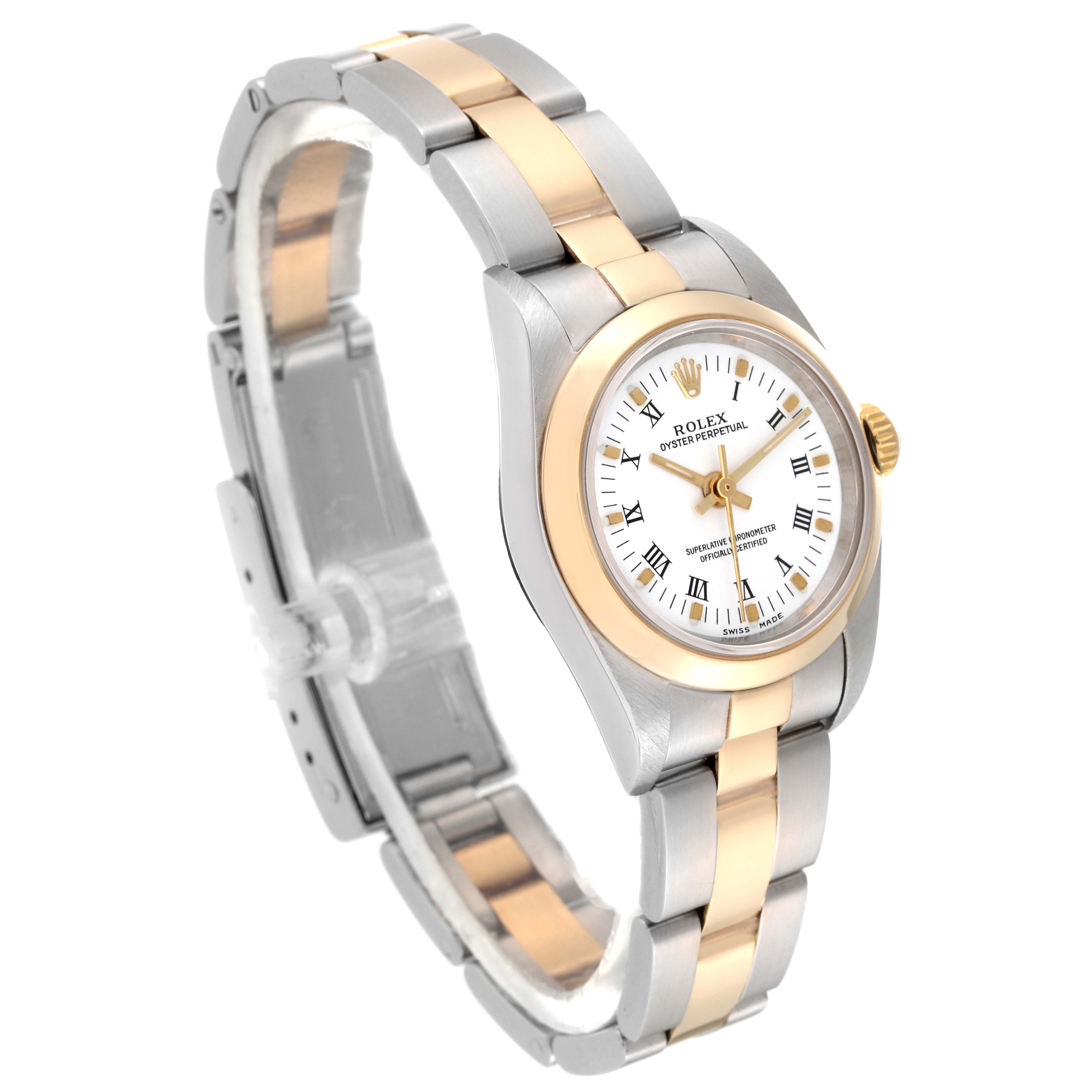 This image shows the Rolex Oyster Perpetual 76183 Women
s Steel and Gold (two tone) White Dial 76183 Women
s Steel and Gold (two tone) White Dial watch at a three-quarter angle, highlighting the dial, bezel, and two-tone bracelet.