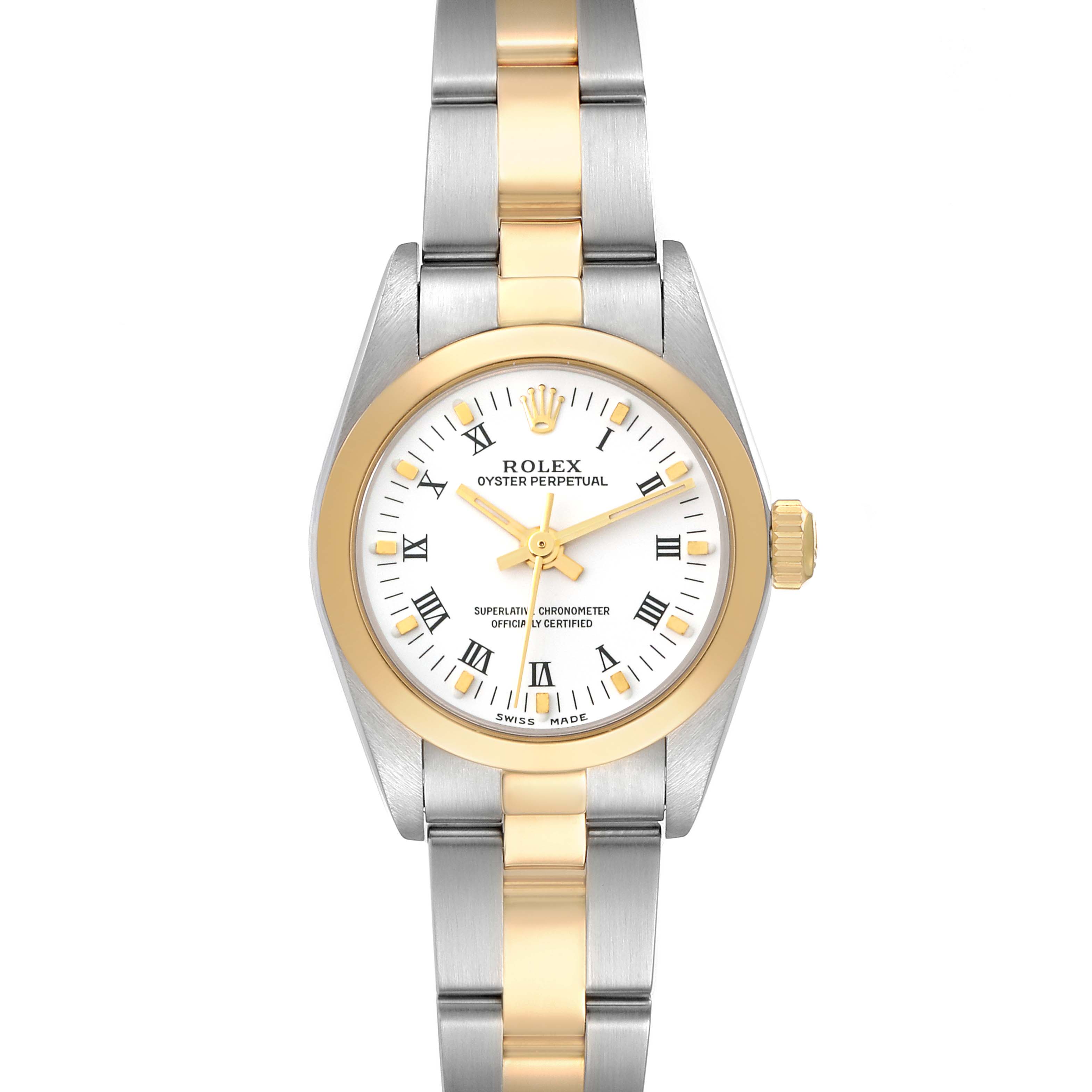 The image shows a frontal view of a Rolex Oyster Perpetual 76183 Women
s Steel and Gold (two tone) White Dial 76183 Women
s Steel and Gold (two tone) White Dial watch, highlighting the dial, bezel, and two-tone bracelet.