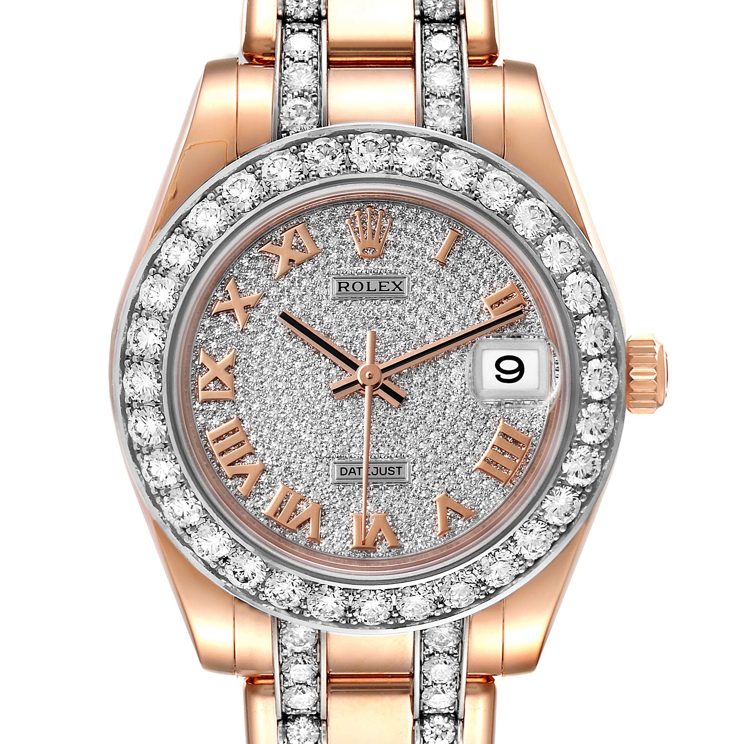 This image shows a front angle of a Rolex Pearlmaster 81285 Women's Rose Gold Pink Dial 81285 Women's Rose Gold Pink Dial watch, highlighting its diamond-encrusted bezel, dial, and bracelet.