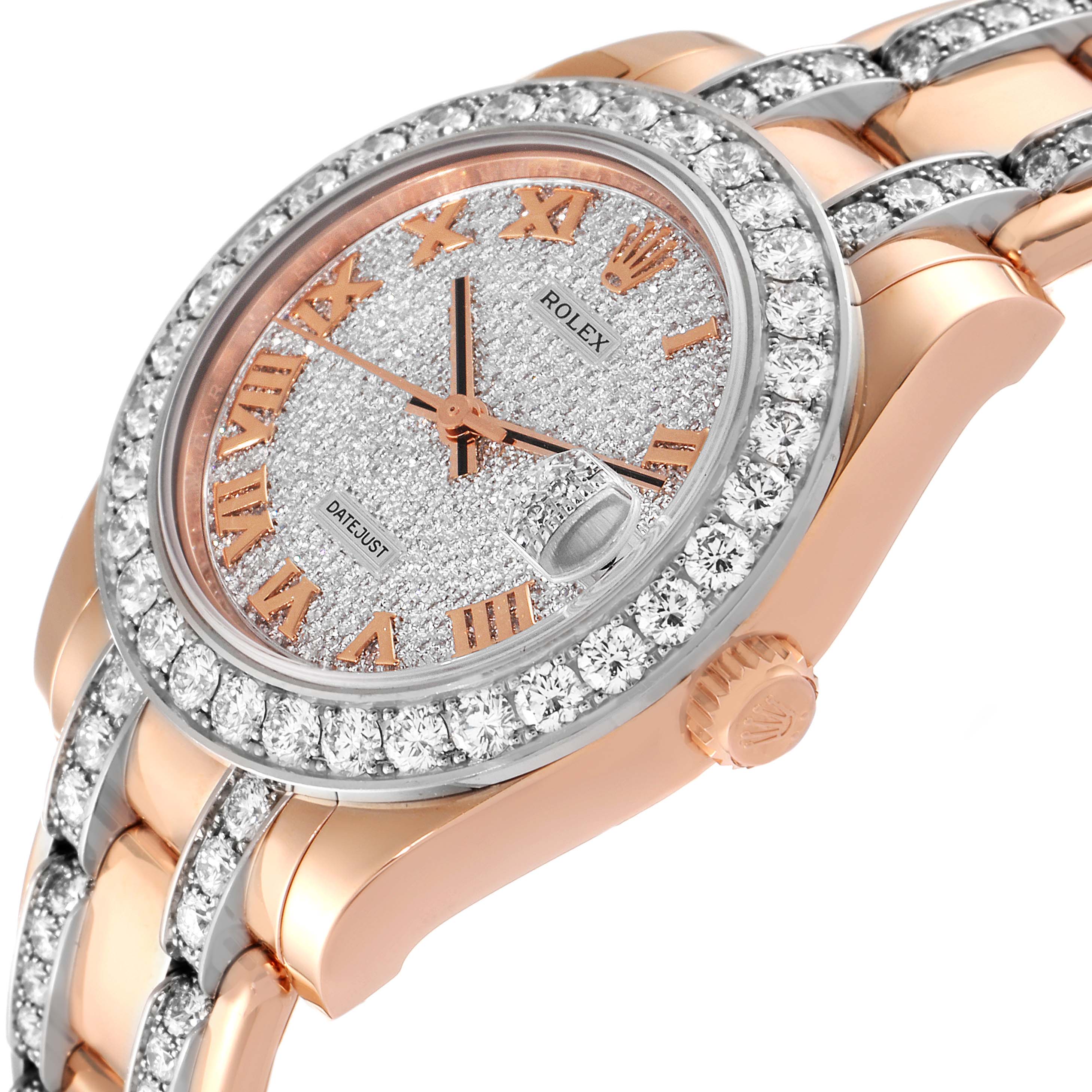 The Rolex Pearlmaster 81285 Women's Rose Gold Pink Dial 81285 Women's Rose Gold Pink Dial watch is shown at an oblique angle, highlighting its diamond-encrusted bezel, dial, and two-tone bracelet.