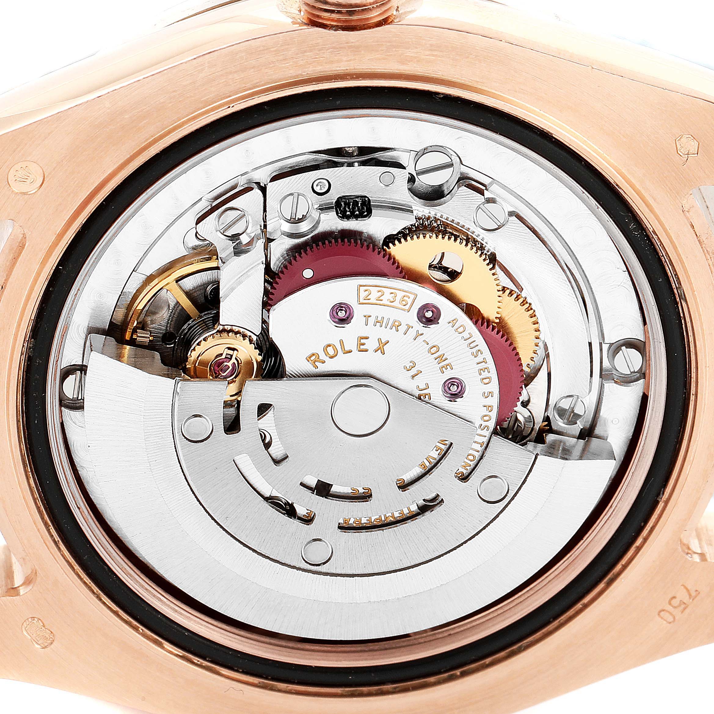 The image shows a close-up of the Rolex Pearlmaster 81285 Women's Rose Gold Pink Dial 81285 Women's Rose Gold Pink Dial watch movement from the back, highlighting its intricate internal mechanisms.