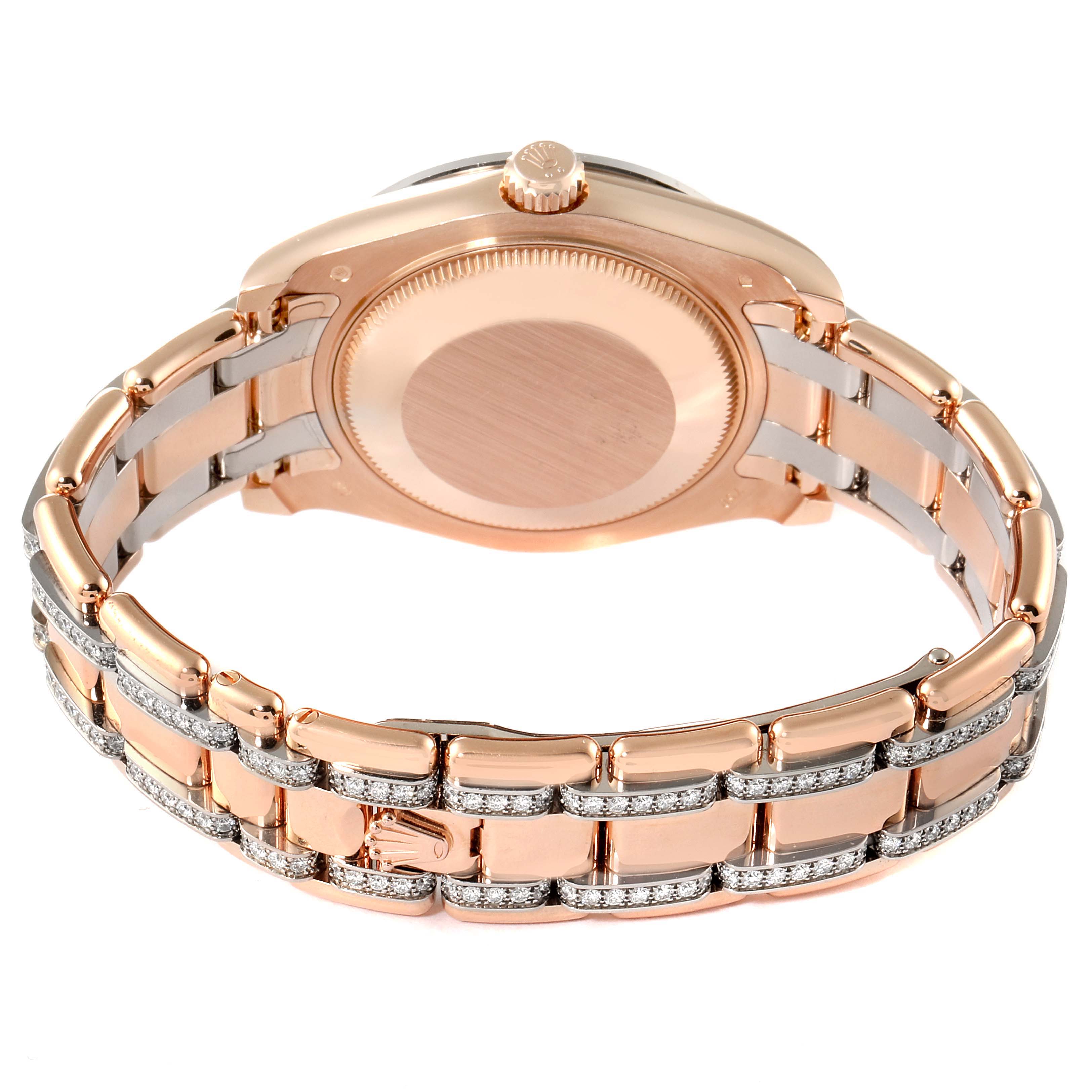 The image shows the backside and bracelet of a Rolex Pearlmaster 81285 Women's Rose Gold Pink Dial 81285 Women's Rose Gold Pink Dial watch in a rose gold finish.