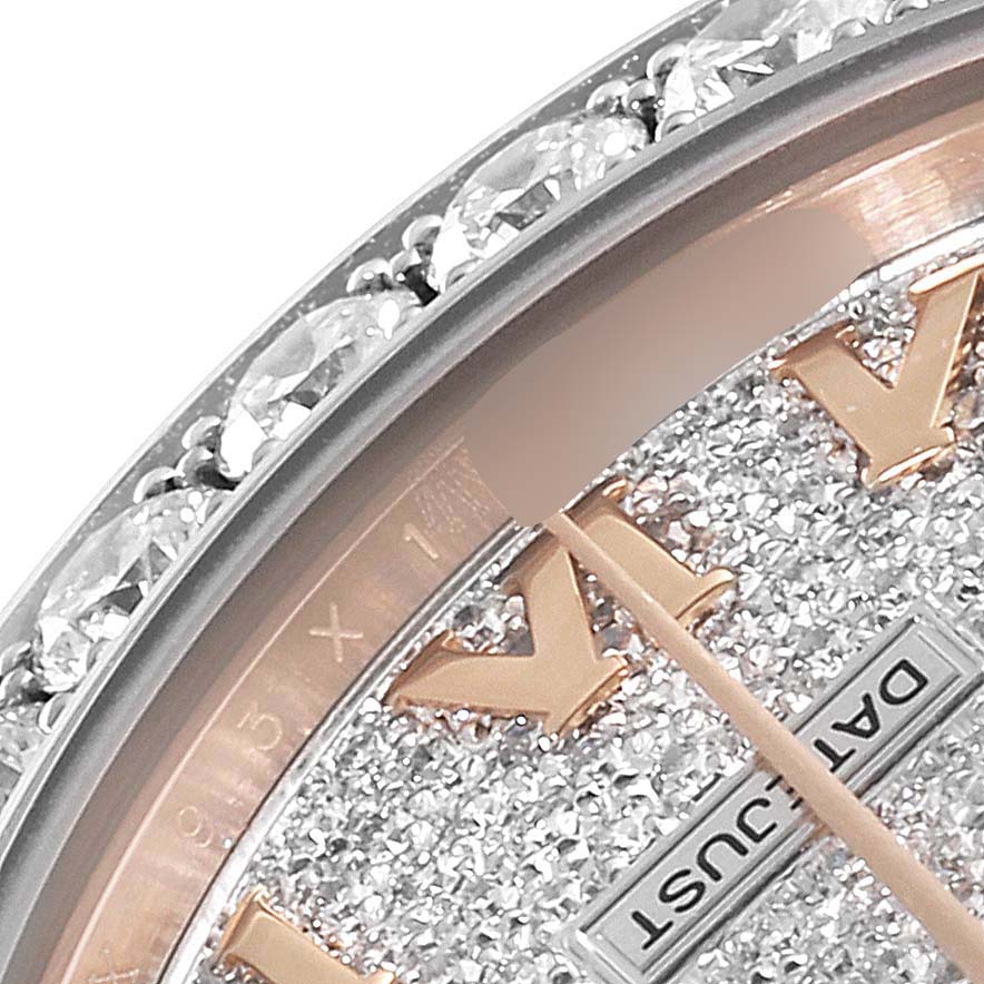 The image shows a close-up of the dial and diamond bezel of a Rolex Pearlmaster 81285 Women's Rose Gold Pink Dial 81285 Women's Rose Gold Pink Dial watch.