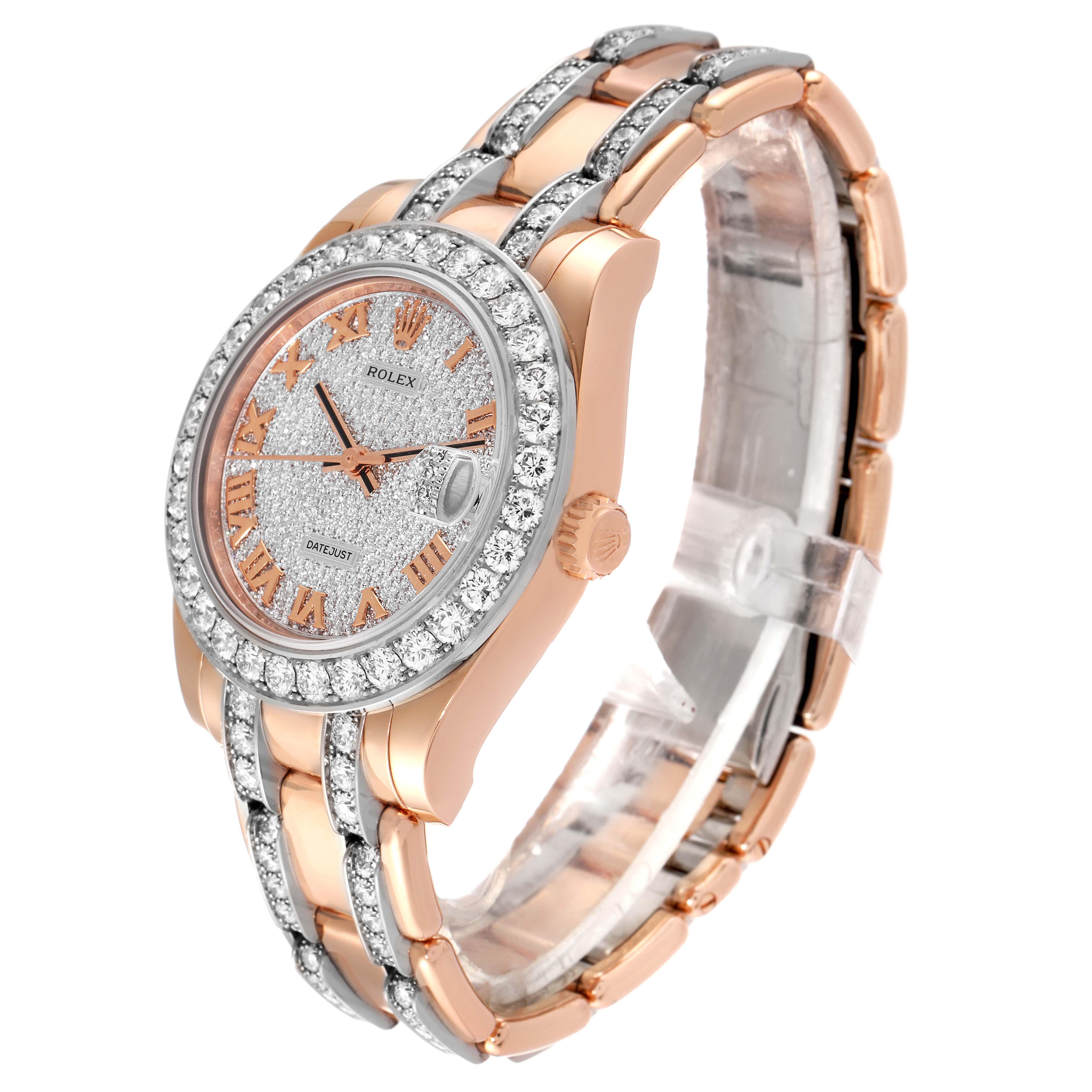 The Rolex Pearlmaster 81285 Women's Rose Gold Pink Dial 81285 Women's Rose Gold Pink Dial watch is shown at a three-quarter angle, displaying the face, bezel, crown, and partially the bracelet.