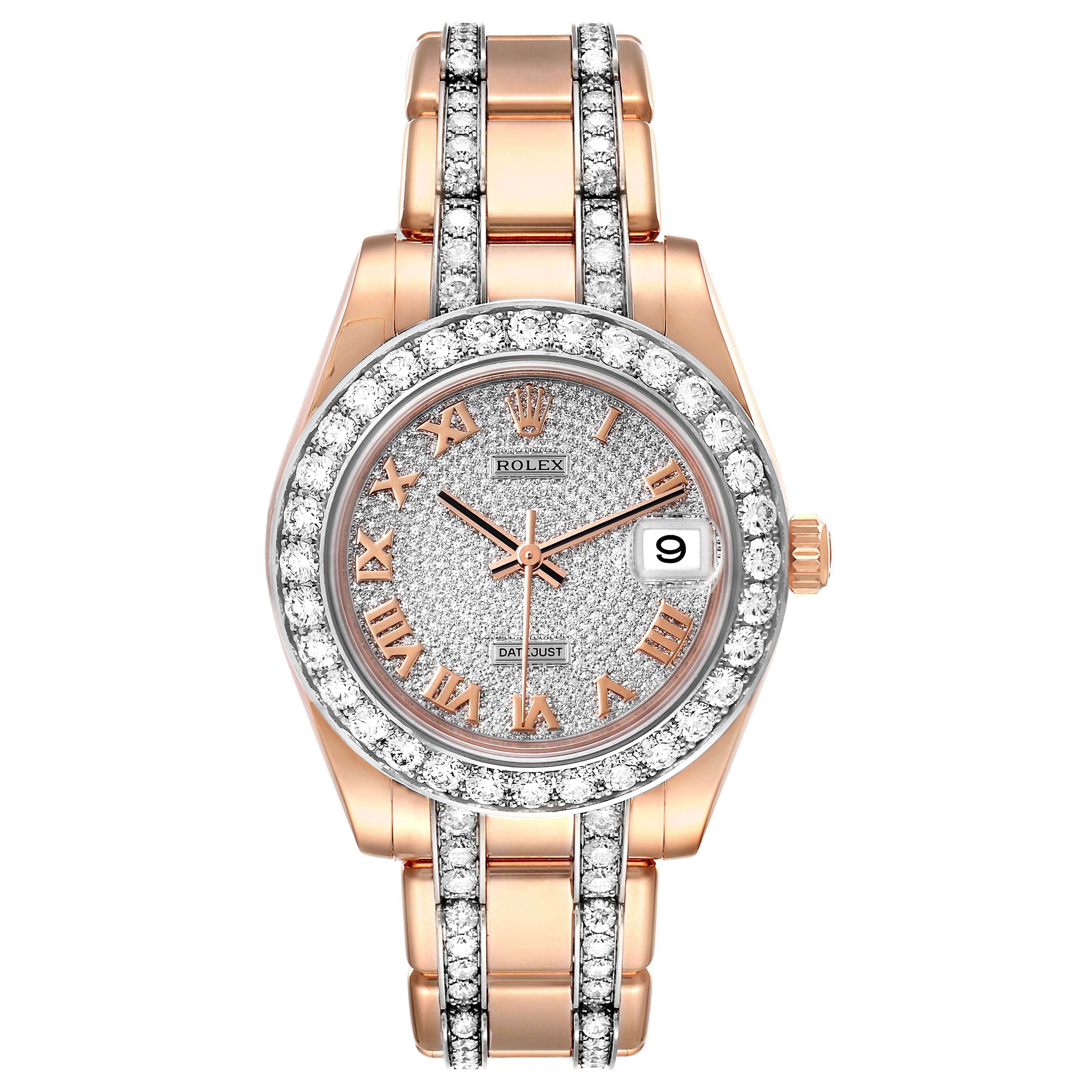 The Rolex Pearlmaster 81285 Women's Rose Gold Pink Dial 81285 Women's Rose Gold Pink Dial watch is shown from a top-down angle, highlighting its dial, bezel, and bracelet adorned with diamonds.