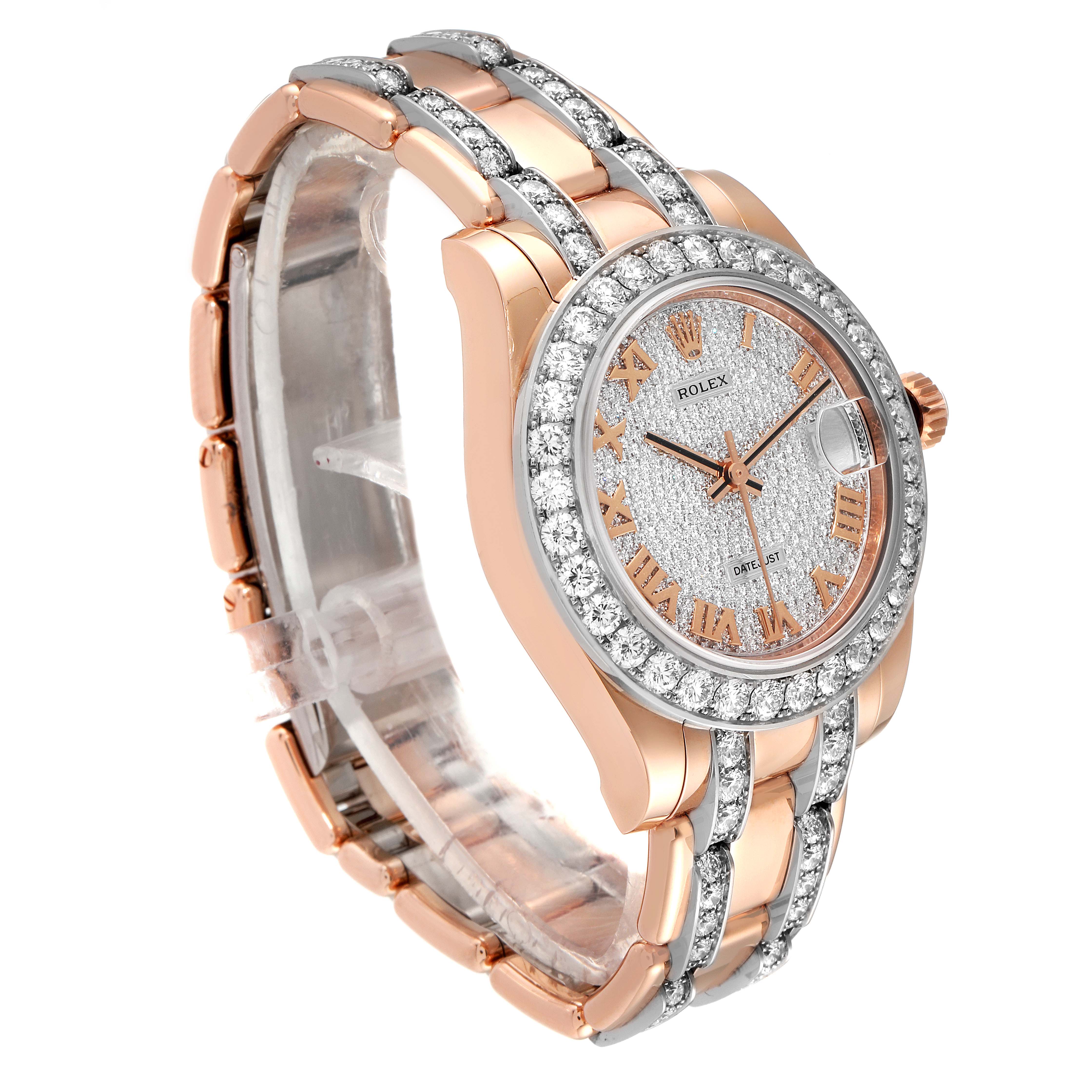 This image shows a Rolex Pearlmaster 81285 Women's Rose Gold Pink Dial 81285 Women's Rose Gold Pink Dial watch at an angled side view, highlighting its bezel, dial, and bracelet.