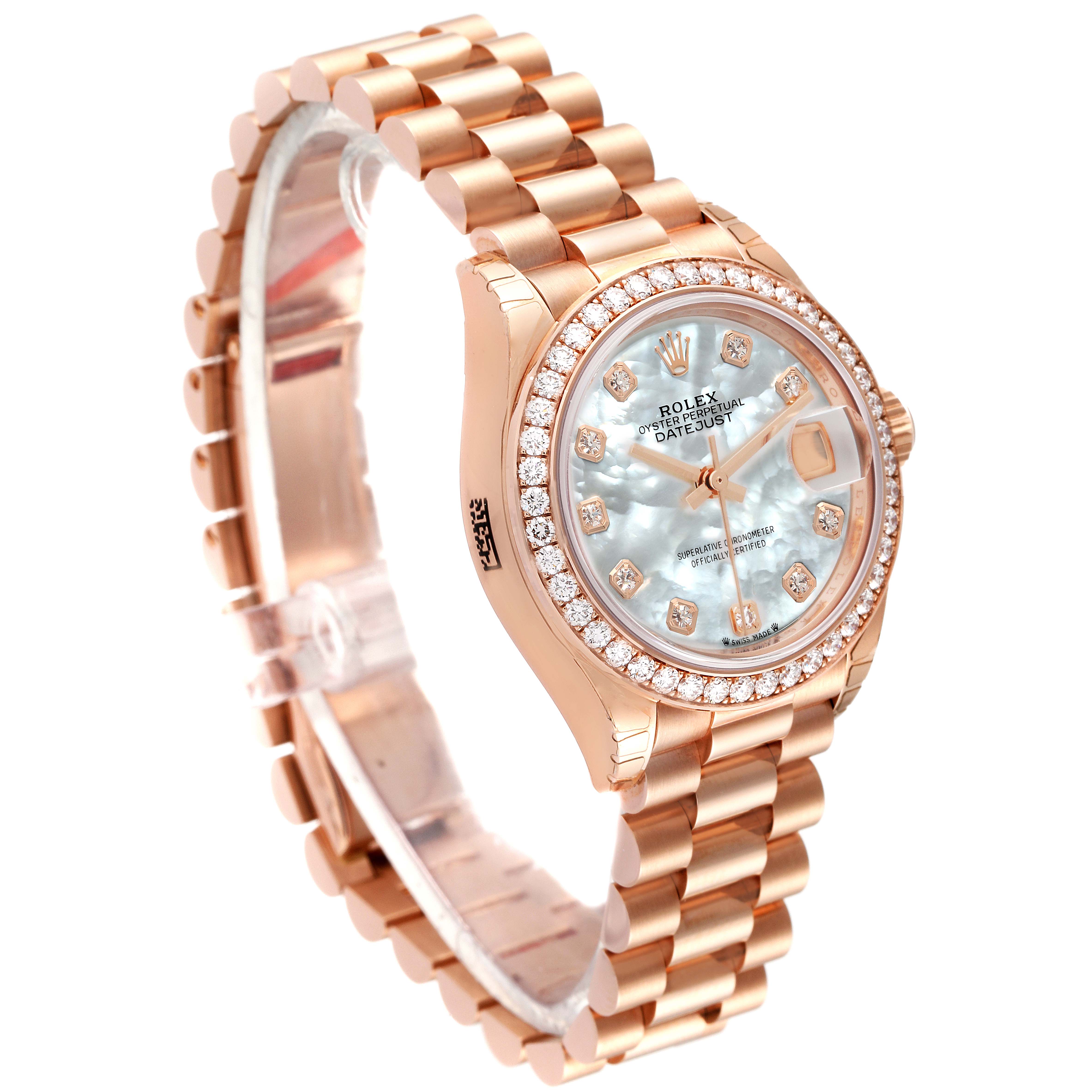 The image shows a Rolex President 279135 Women's Rose Gold Mother of Pearl Dial 279135 Women's Rose Gold Mother of Pearl Dial model watch at a three-quarter angle, highlighting its face, diamond bezel, and bracelet.