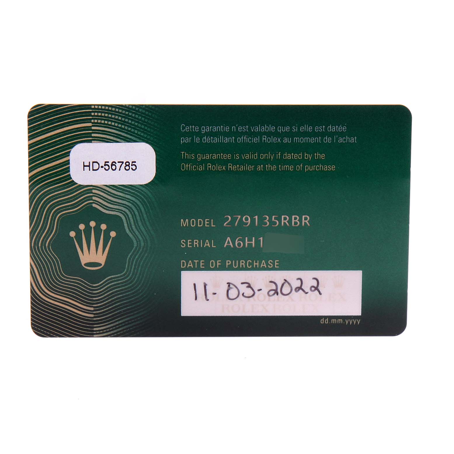 This image shows the warranty card for a Rolex President 279135 Women's Rose Gold Mother of Pearl Dial 279135 Women's Rose Gold Mother of Pearl Dial model with serial number A6H1 and purchase date 11-03-2022.