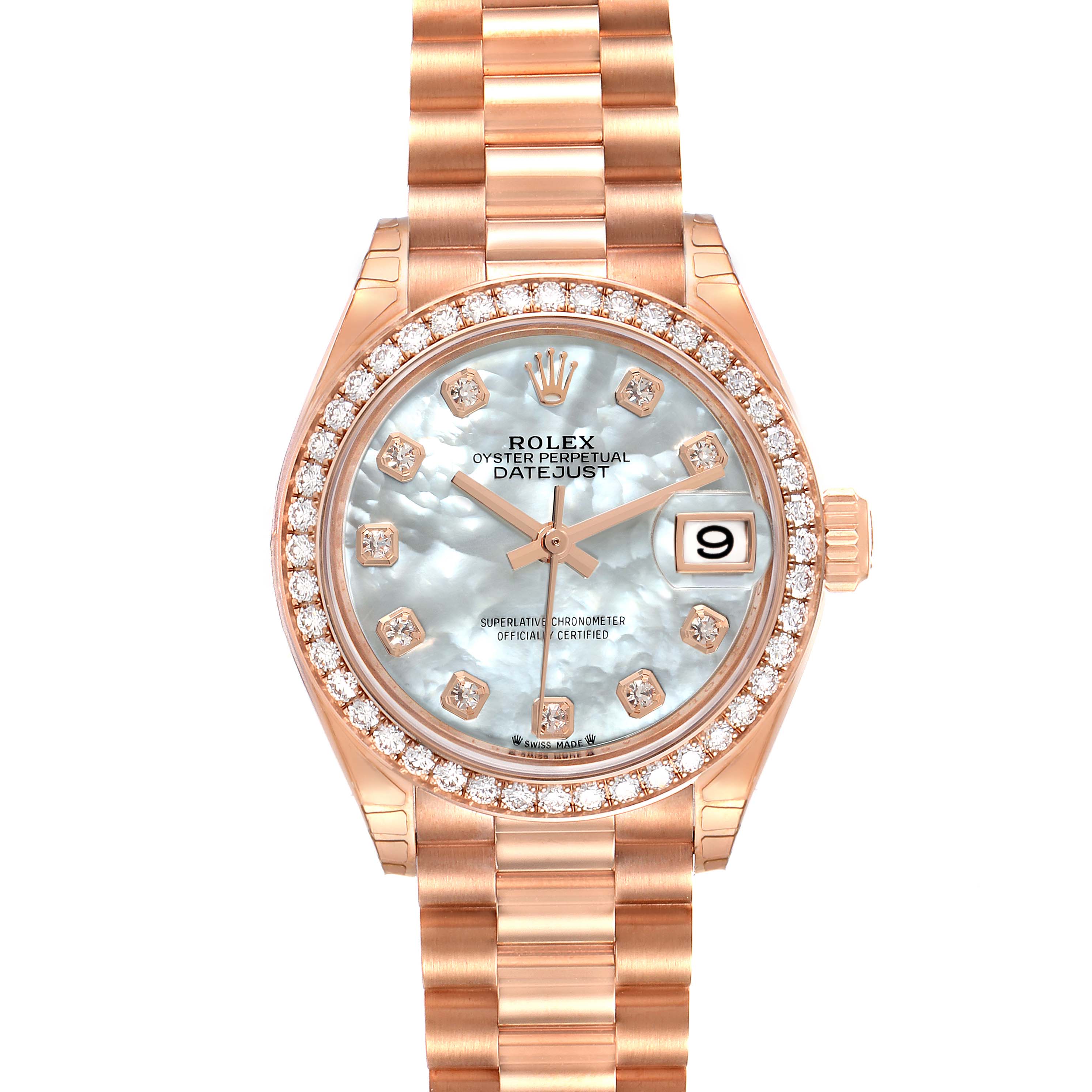 The Rolex President 279135 Women's Rose Gold Mother of Pearl Dial 279135 Women's Rose Gold Mother of Pearl Dial model watch is shown from a front angle, displaying its face, bezel, and bracelet.
