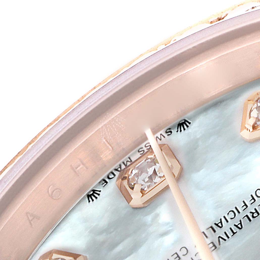 The image shows a close-up of the dial and diamond marker of a Rolex President 279135 Women's Rose Gold Mother of Pearl Dial 279135 Women's Rose Gold Mother of Pearl Dial model watch, focusing on the "Swiss Made" text.