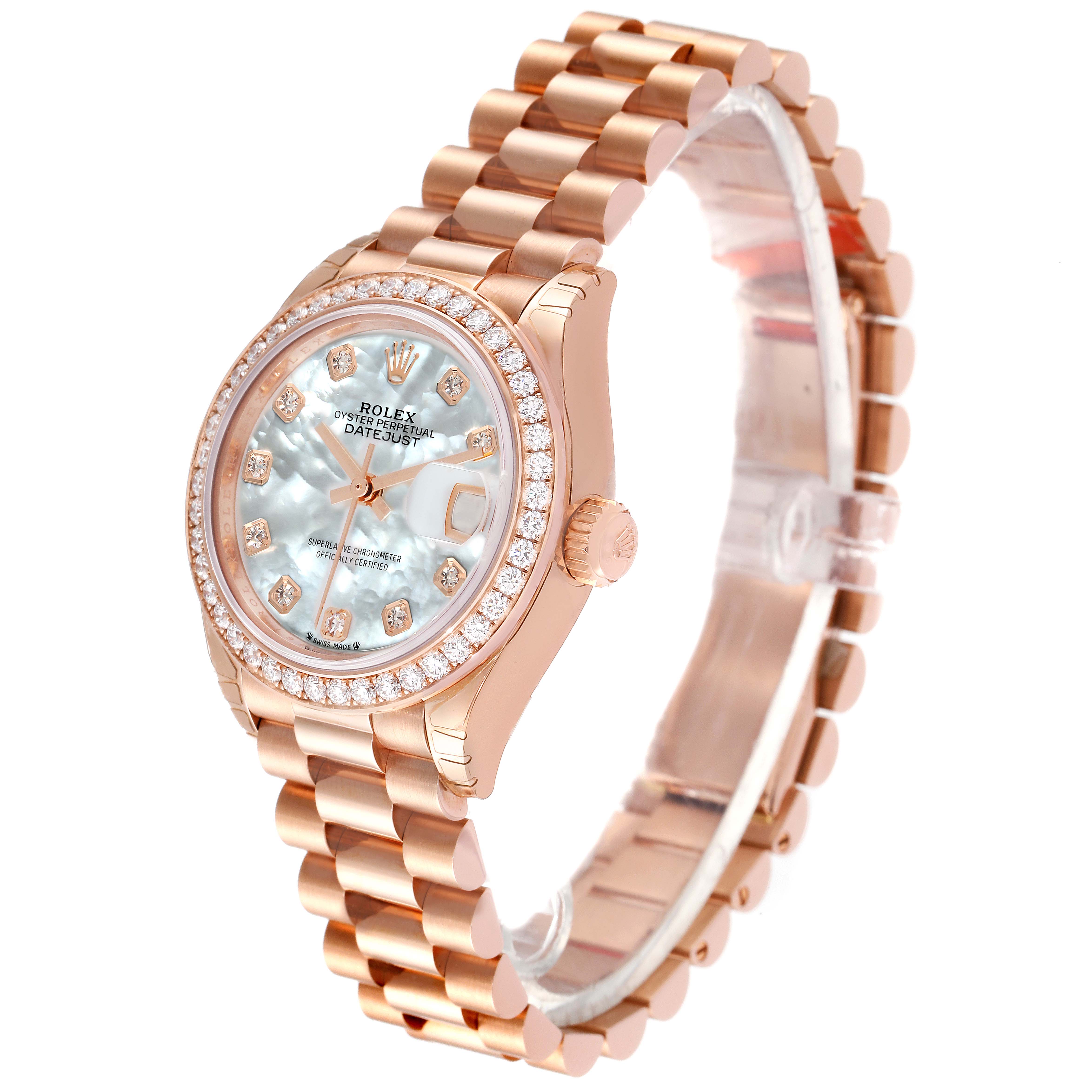 This image shows a partially side view of the Rolex President 279135 Women's Rose Gold Mother of Pearl Dial 279135 Women's Rose Gold Mother of Pearl Dial model watch, displaying its case, dial, crown, and bracelet.
