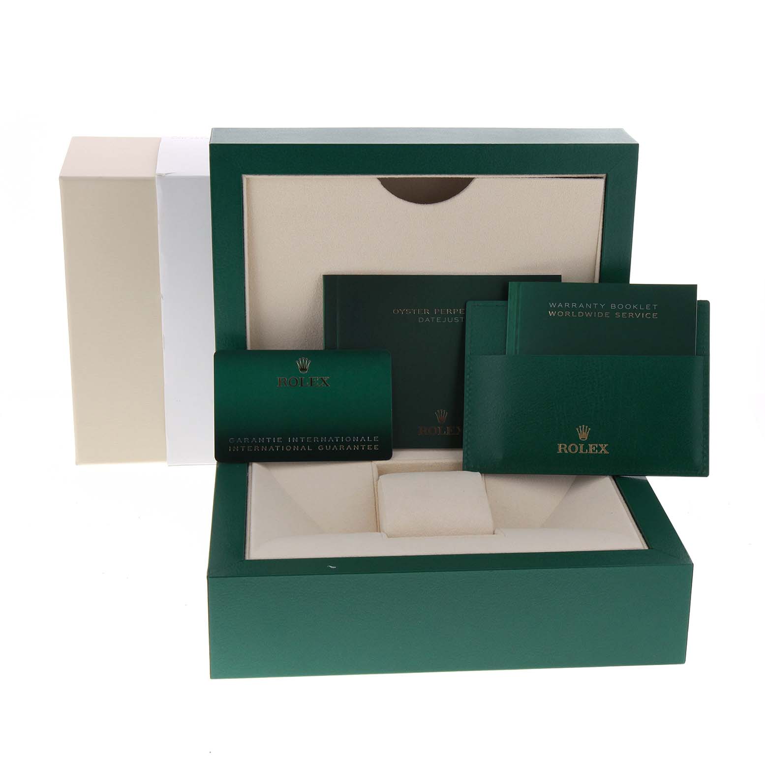 The image shows the Rolex President 279135 Women's Rose Gold Mother of Pearl Dial 279135 Women's Rose Gold Mother of Pearl Dial model packaging, with an open box, warranty booklet, and international guarantee card.