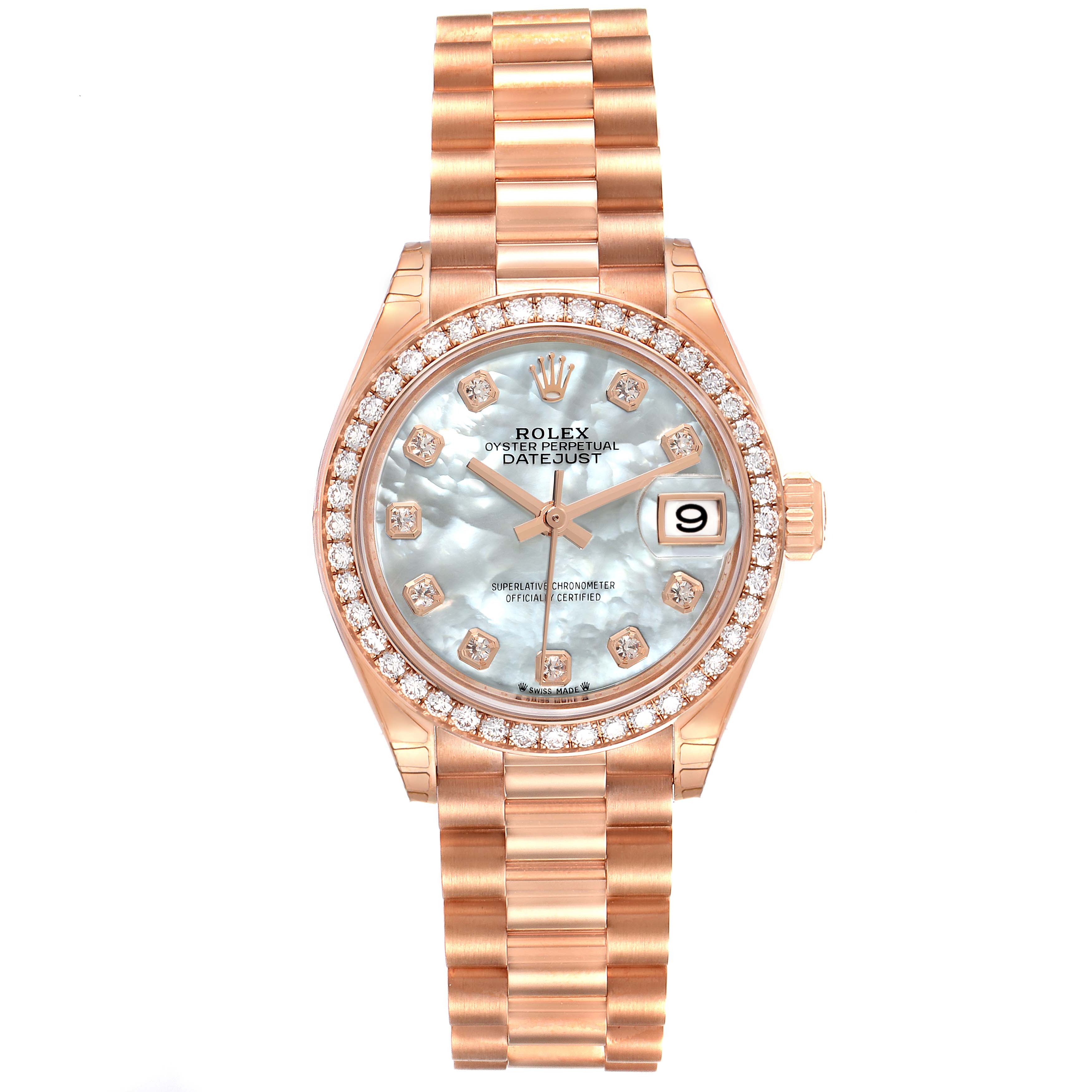 This image shows a Rolex President 279135 Women's Rose Gold Mother of Pearl Dial 279135 Women's Rose Gold Mother of Pearl Dial model watch from a frontal angle, highlighting the dial, bezel, and bracelet.