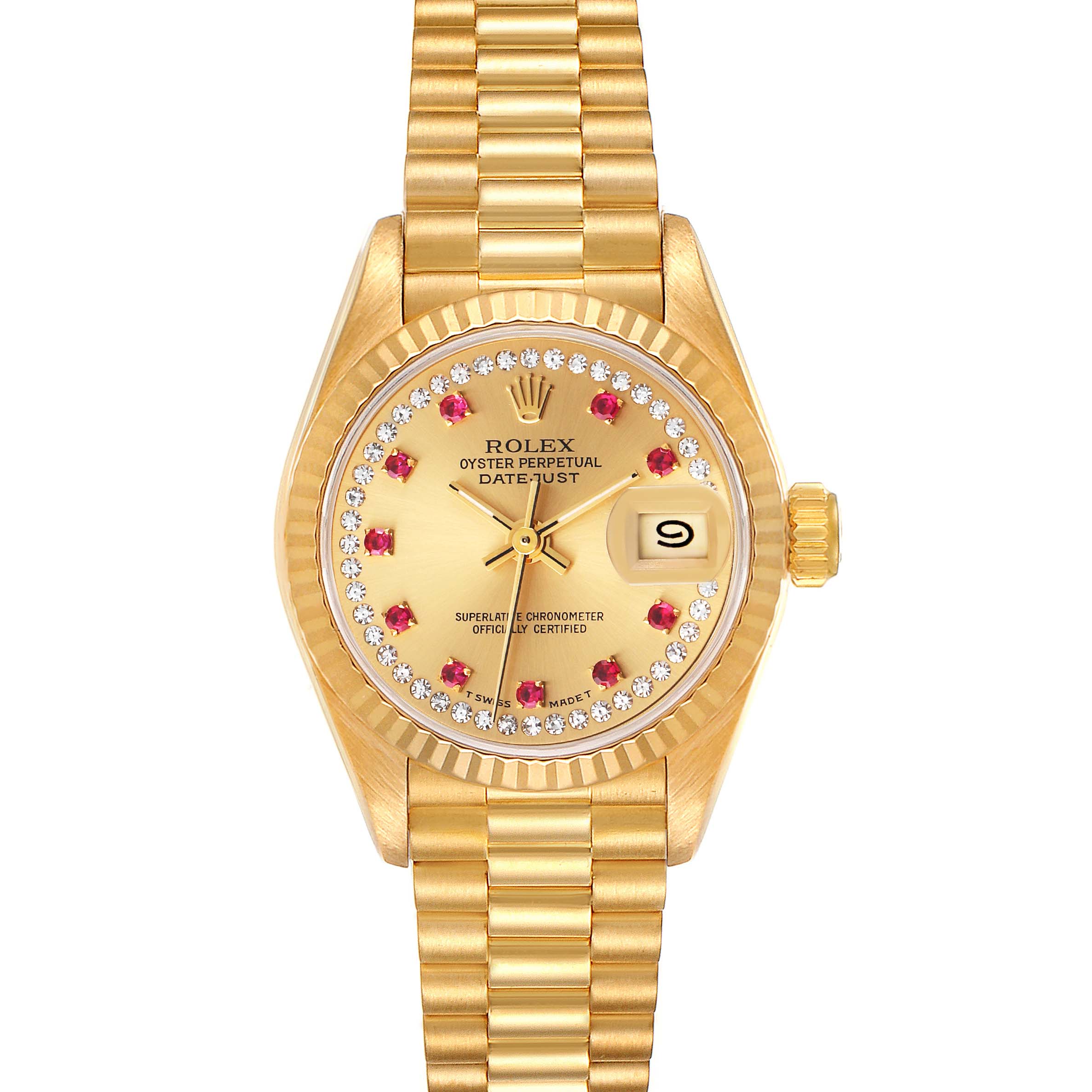 This image shows a front view of a Rolex Datejust 69178 Women's Yellow Gold Champagne Dial 69178 Women's Yellow Gold Champagne Dial watch, highlighting its gold bracelet, crystal-set bezel, and date window.