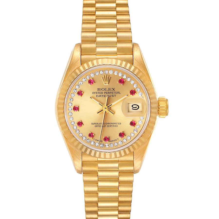 Rolex President Datejust Yellow Gold Diamonds Rubies Ladies Watch 69178 SwissWatchExpo