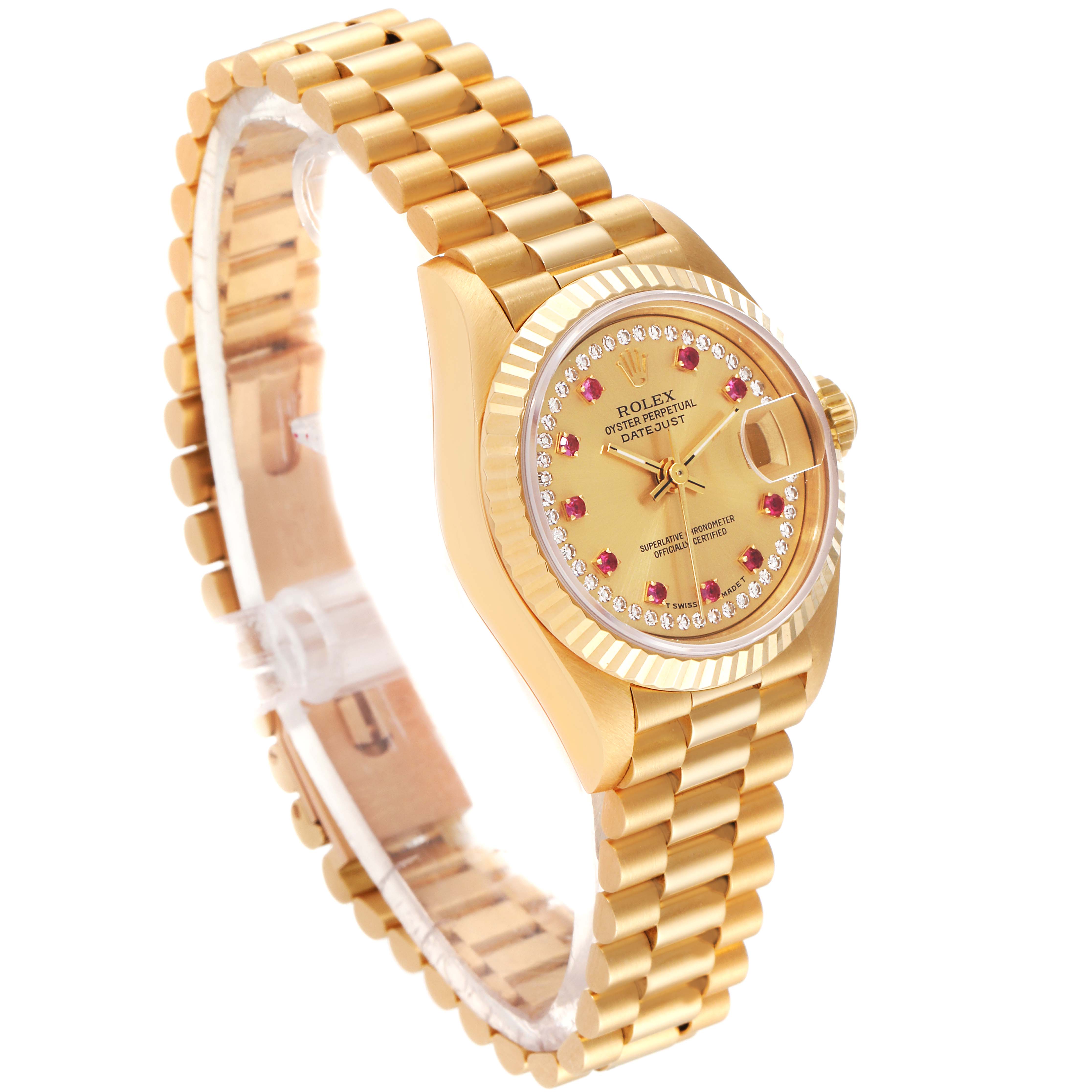 This image shows a gold Rolex Datejust 69178 Women's Yellow Gold Champagne Dial 69178 Women's Yellow Gold Champagne Dial watch, viewed at a three-quarter angle displaying its face and bracelet.