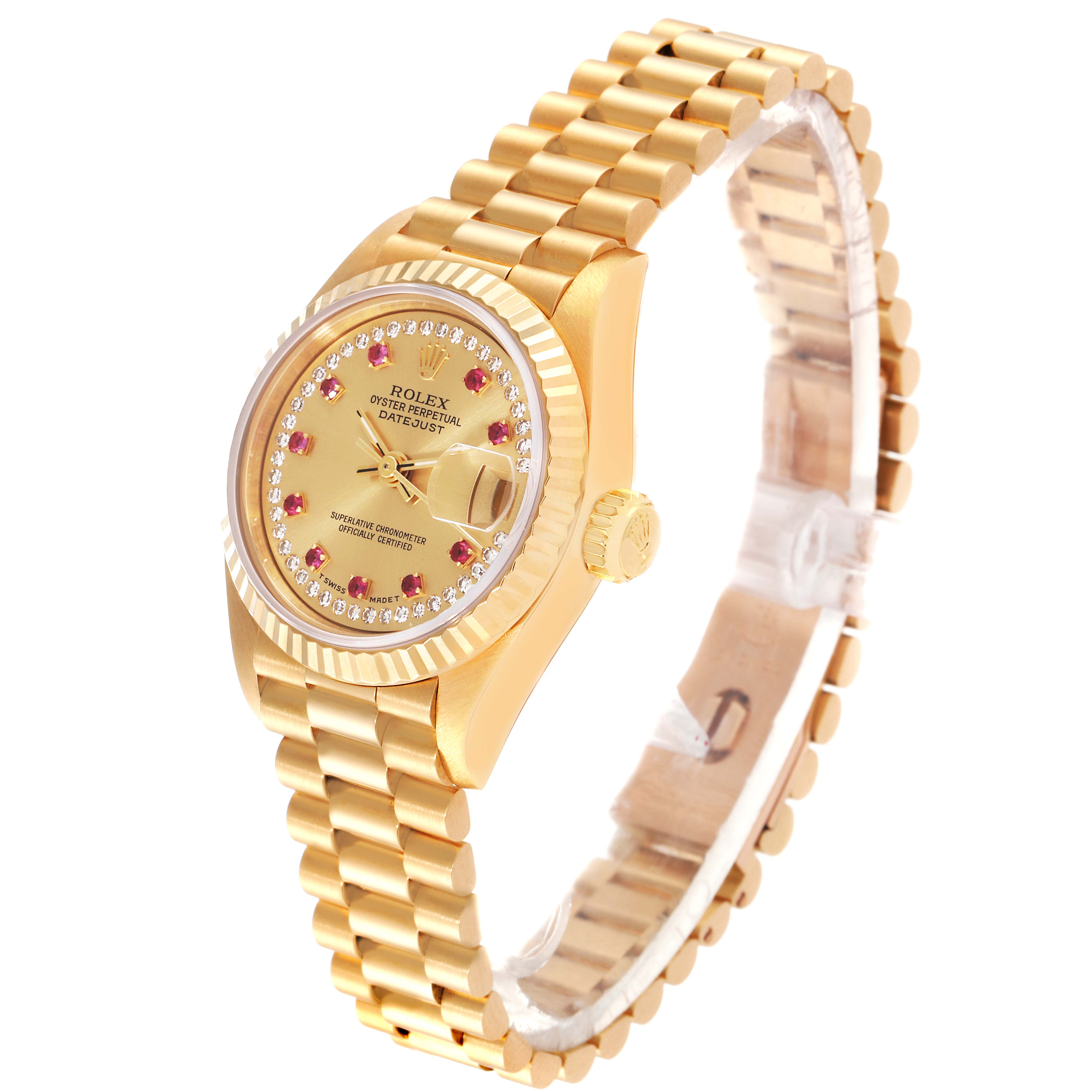 This image shows a gold Rolex Datejust 69178 Women's Yellow Gold Champagne Dial 69178 Women's Yellow Gold Champagne Dial watch at a three-quarter angle, highlighting the dial, bezel, crown, and bracelet.