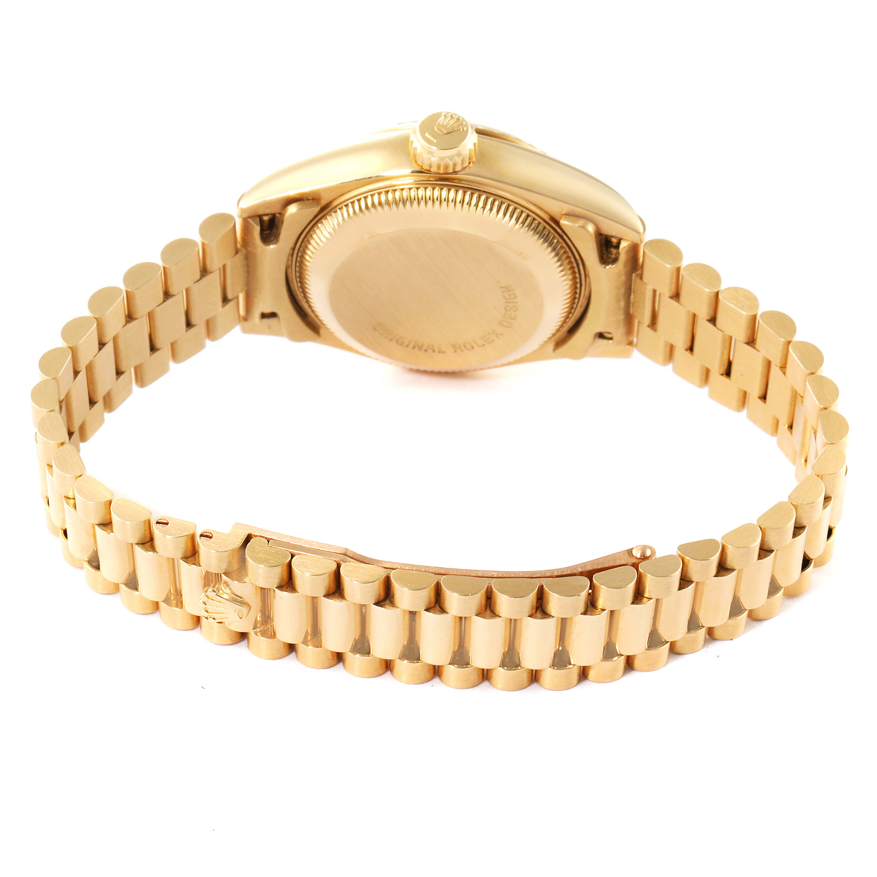 The image shows the back, crown, and bracelet of a Rolex Datejust 69178 Women's Yellow Gold Champagne Dial 69178 Women's Yellow Gold Champagne Dial watch.