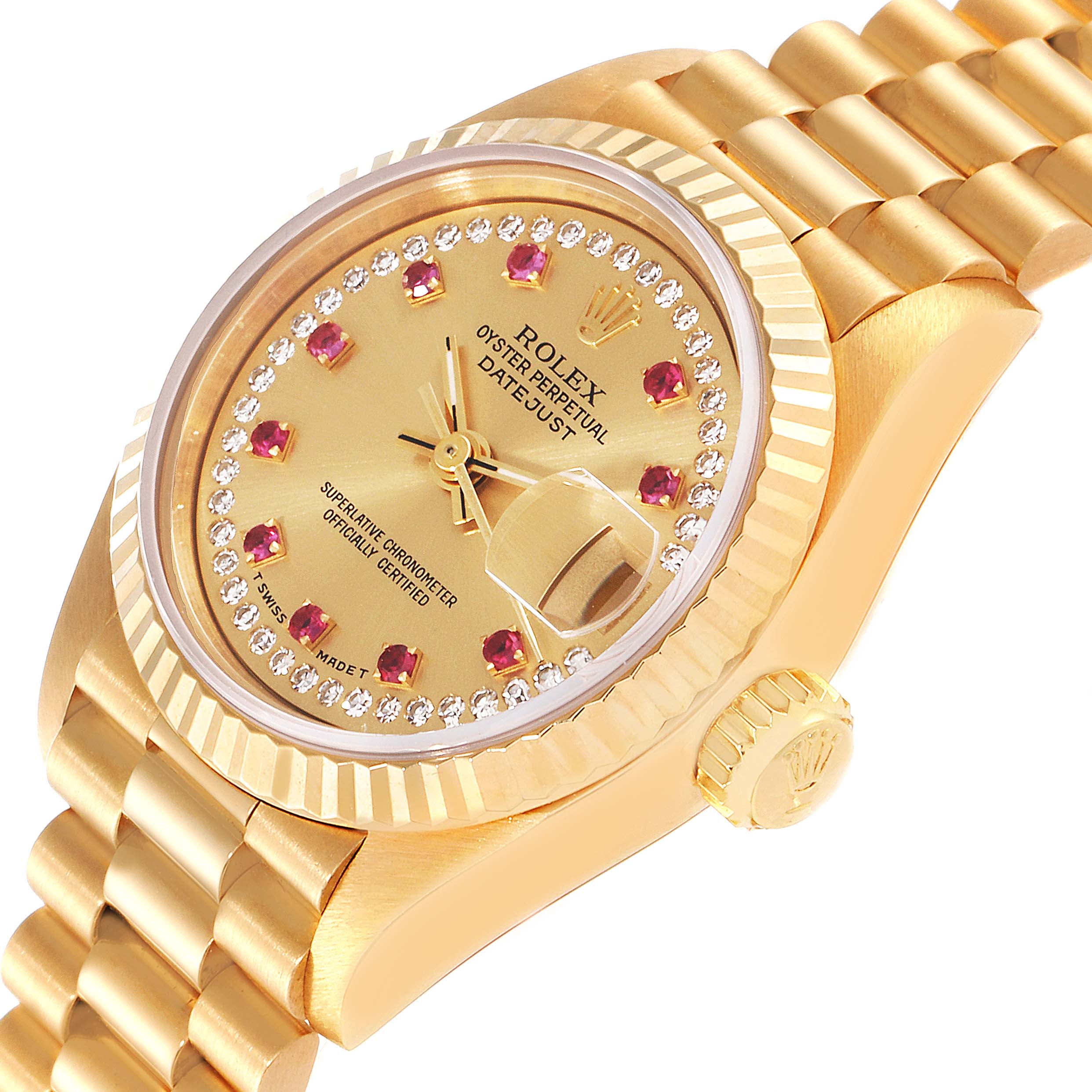 The image shows a close-up angle of a Rolex Datejust 69178 Women's Yellow Gold Champagne Dial 69178 Women's Yellow Gold Champagne Dial watch, highlighting the face, crown, and part of the bracelet.