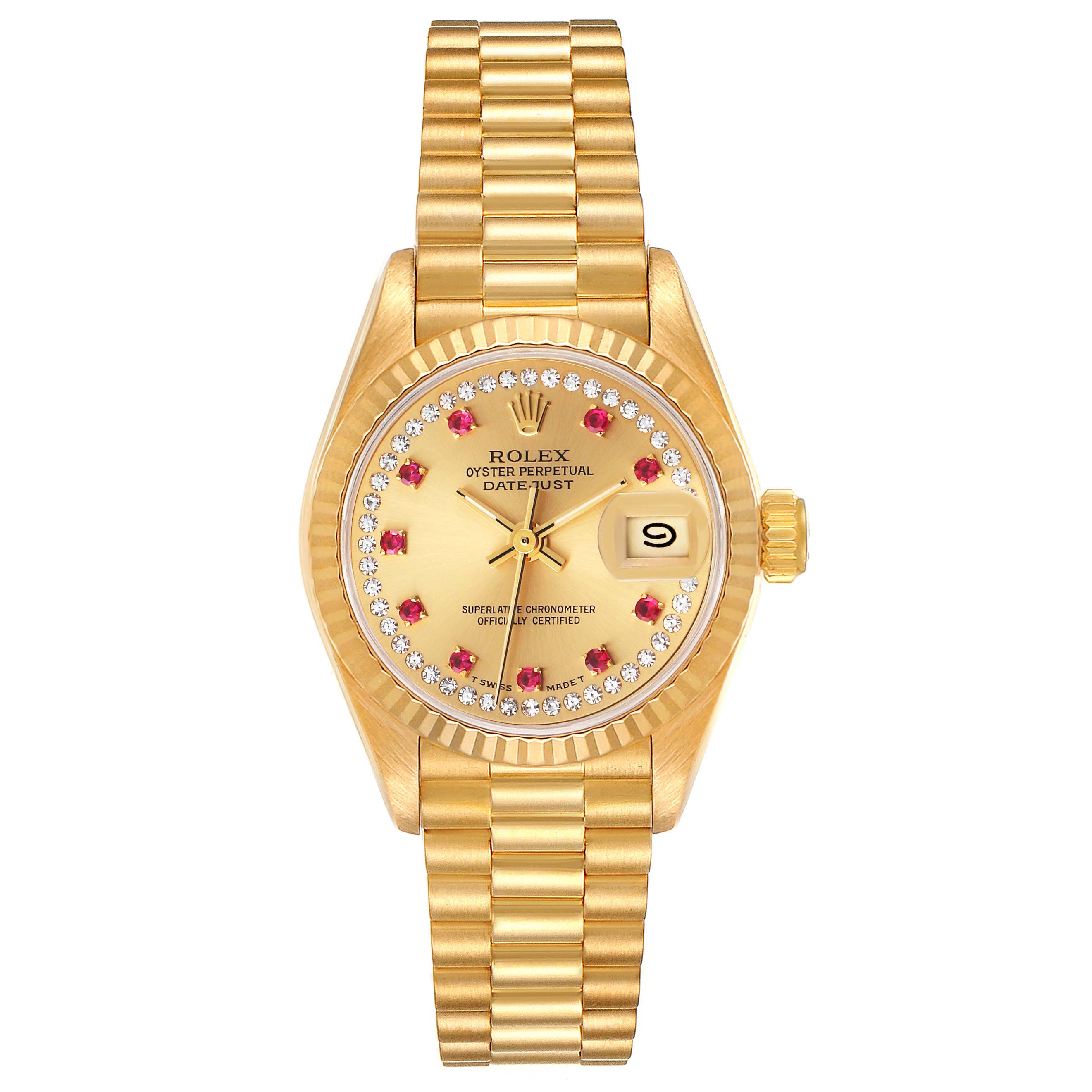 This Rolex Datejust 69178 Women's Yellow Gold Champagne Dial 69178 Women's Yellow Gold Champagne Dial watch is shown from a top-down angle, displaying its face, bezel, and bracelet.