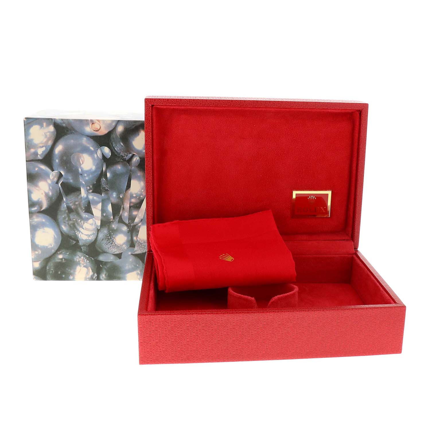 The image shows the packaging and accessories of a Rolex Datejust 69178 Women's Yellow Gold Champagne Dial 69178 Women's Yellow Gold Champagne Dial watch, including a red box, cloth, and a booklet.