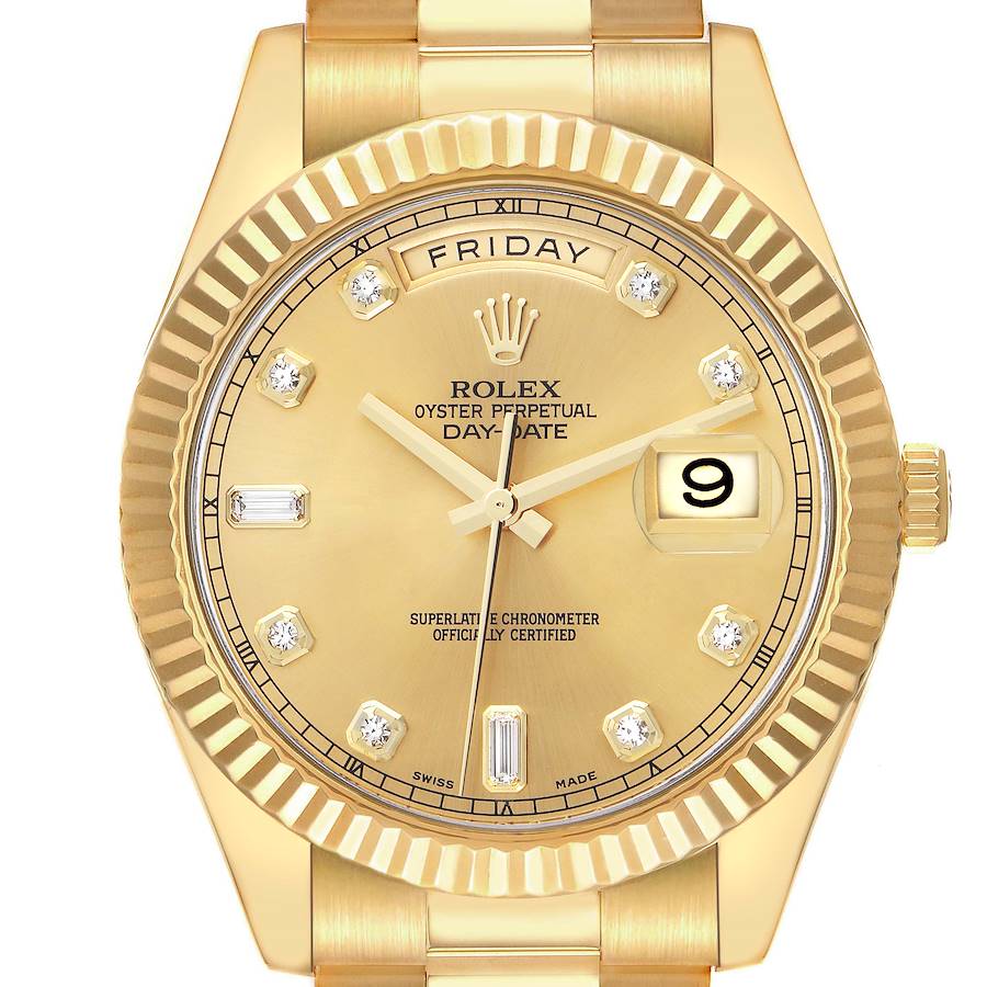 The Rolex President watch is shown from a front angle, highlighting its dial, bezel, crown, and part of the bracelet.