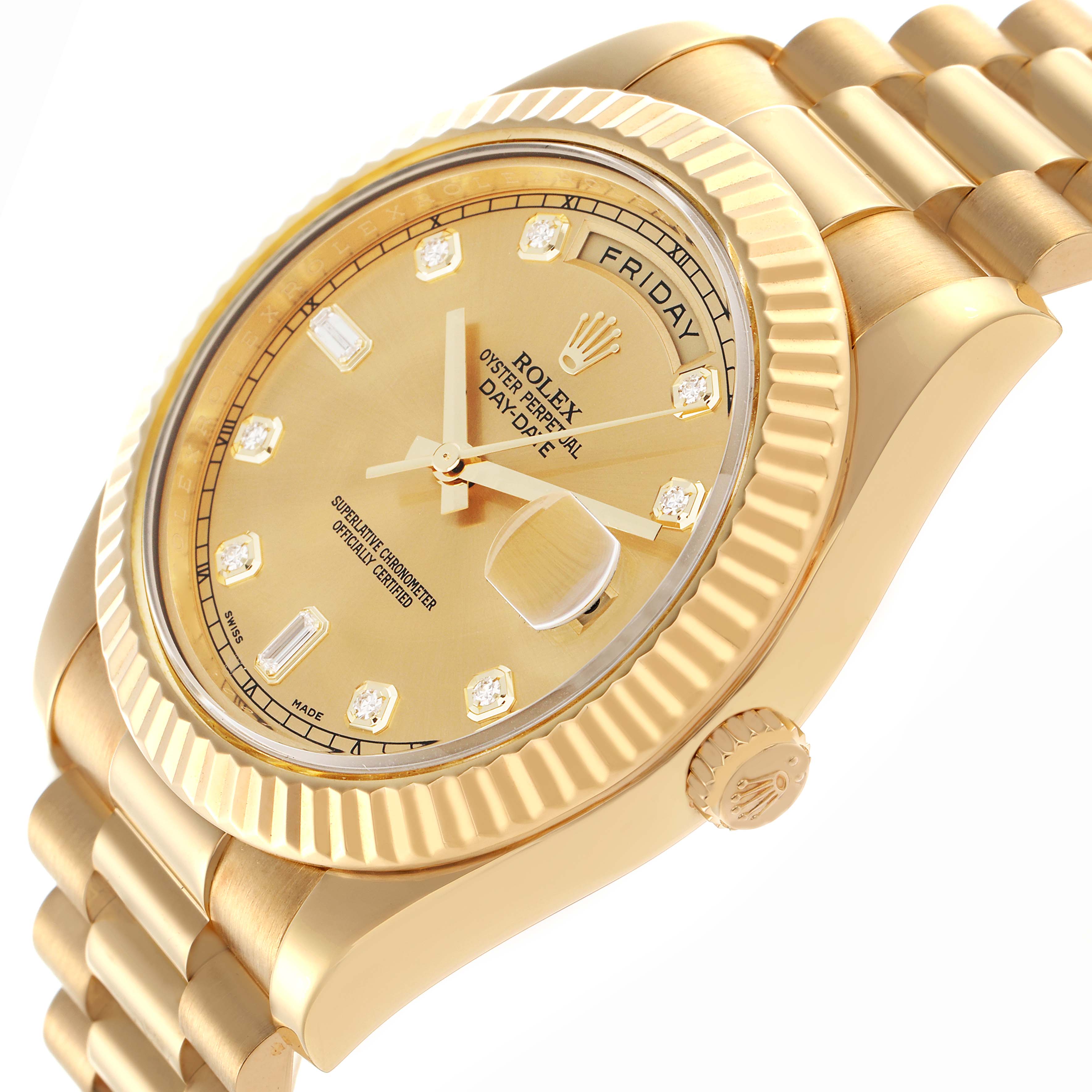 The Rolex President 218238 Men
s Yellow Gold Champagne Dial 218238 Men
s Yellow Gold Champagne Dial watch is shown at a slight angle, featuring the dial, bezel, crown, and part of the bracelet.