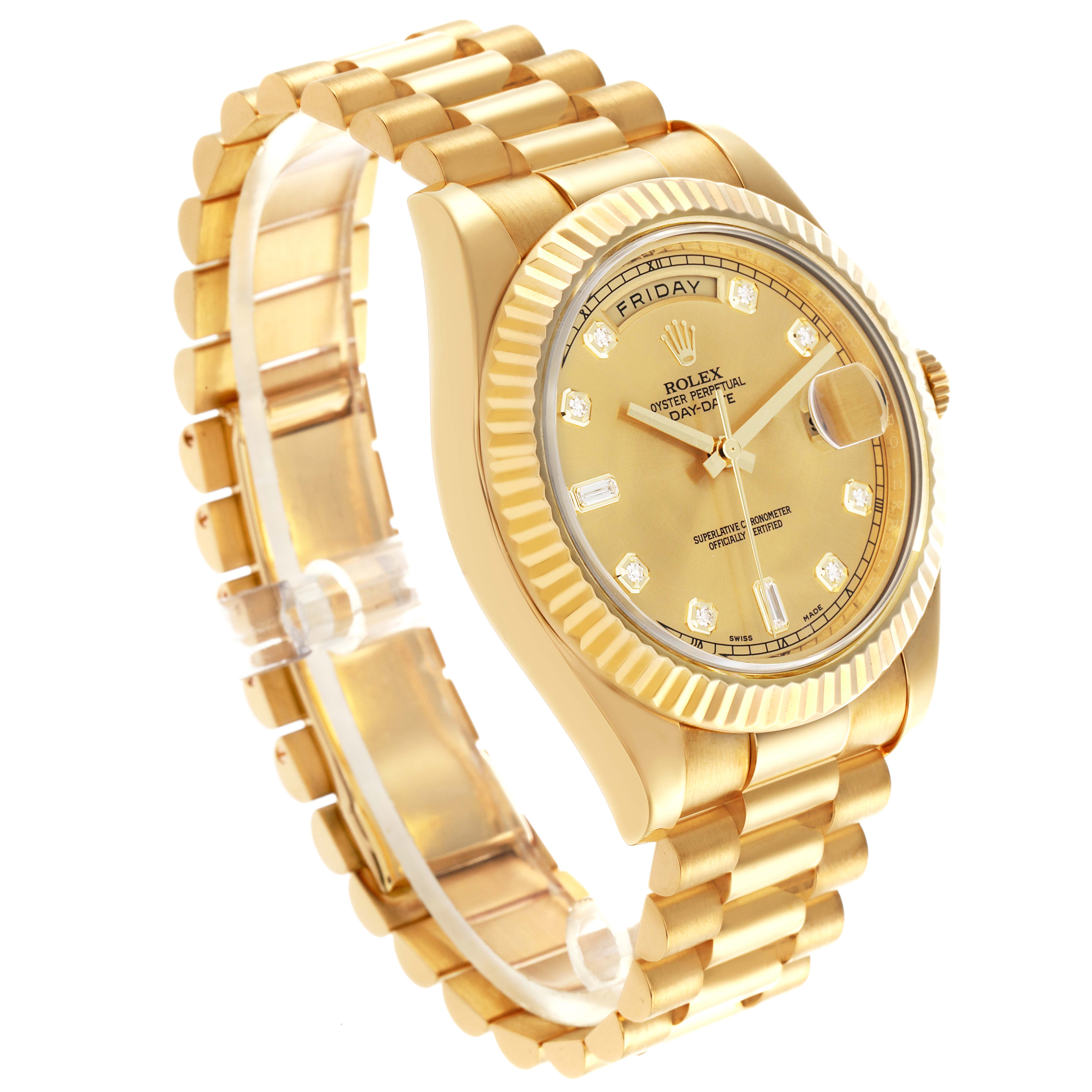 The Rolex President 218238 Men
s Yellow Gold Champagne Dial 218238 Men
s Yellow Gold Champagne Dial model is shown at an angled side view, displaying the dial, fluted bezel, bracelet, and partially the crown.
