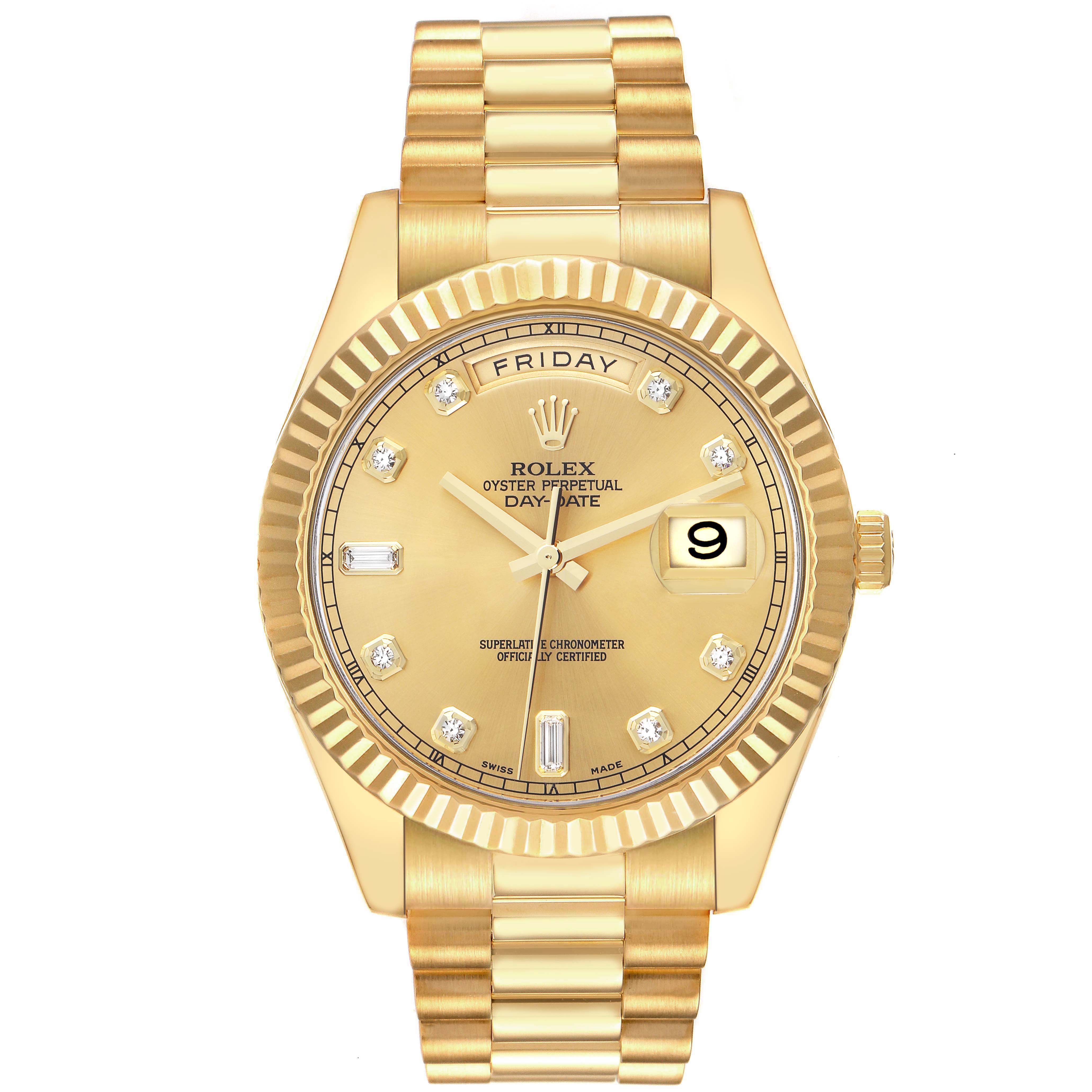 The Rolex President 218238 Men
s Yellow Gold Champagne Dial 218238 Men
s Yellow Gold Champagne Dial model is shown from the front, featuring its golden band, fluted bezel, and diamond hour markers.