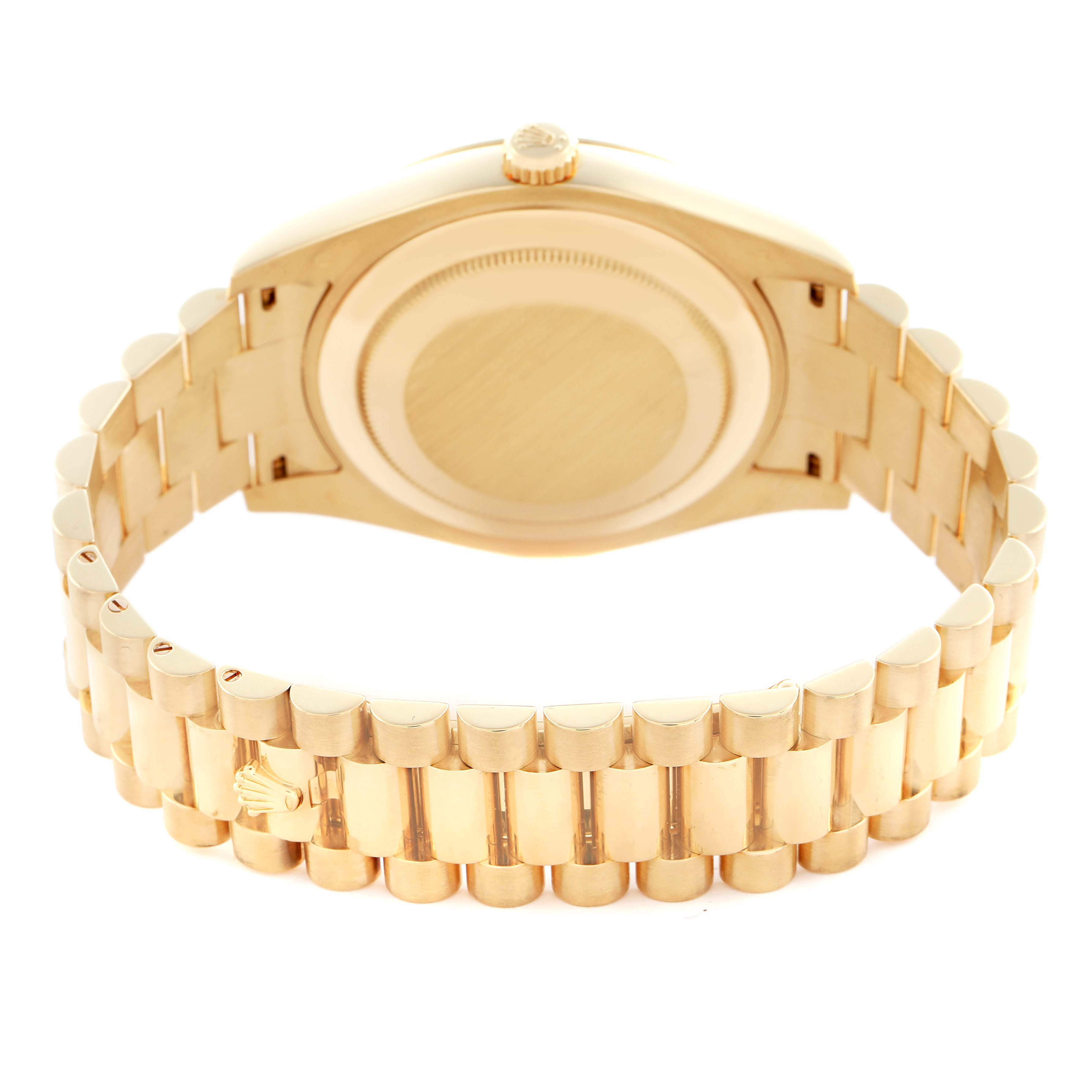The image shows the back case and bracelet of a Rolex President 218238 Men
s Yellow Gold Champagne Dial 218238 Men
s Yellow Gold Champagne Dial model viewed from the rear with the clasp open.