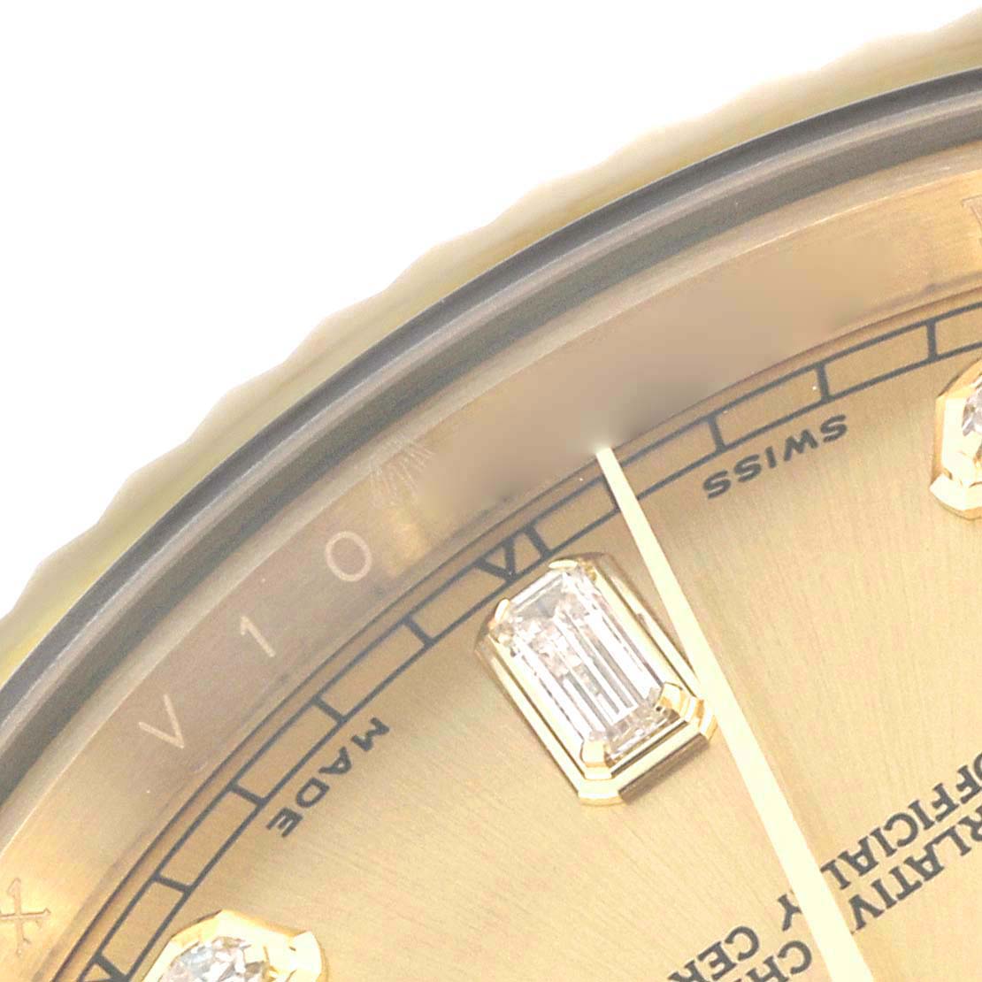 The close-up image shows part of the dial and diamond hour markers of a Rolex President 218238 Men
s Yellow Gold Champagne Dial 218238 Men
s Yellow Gold Champagne Dial model.