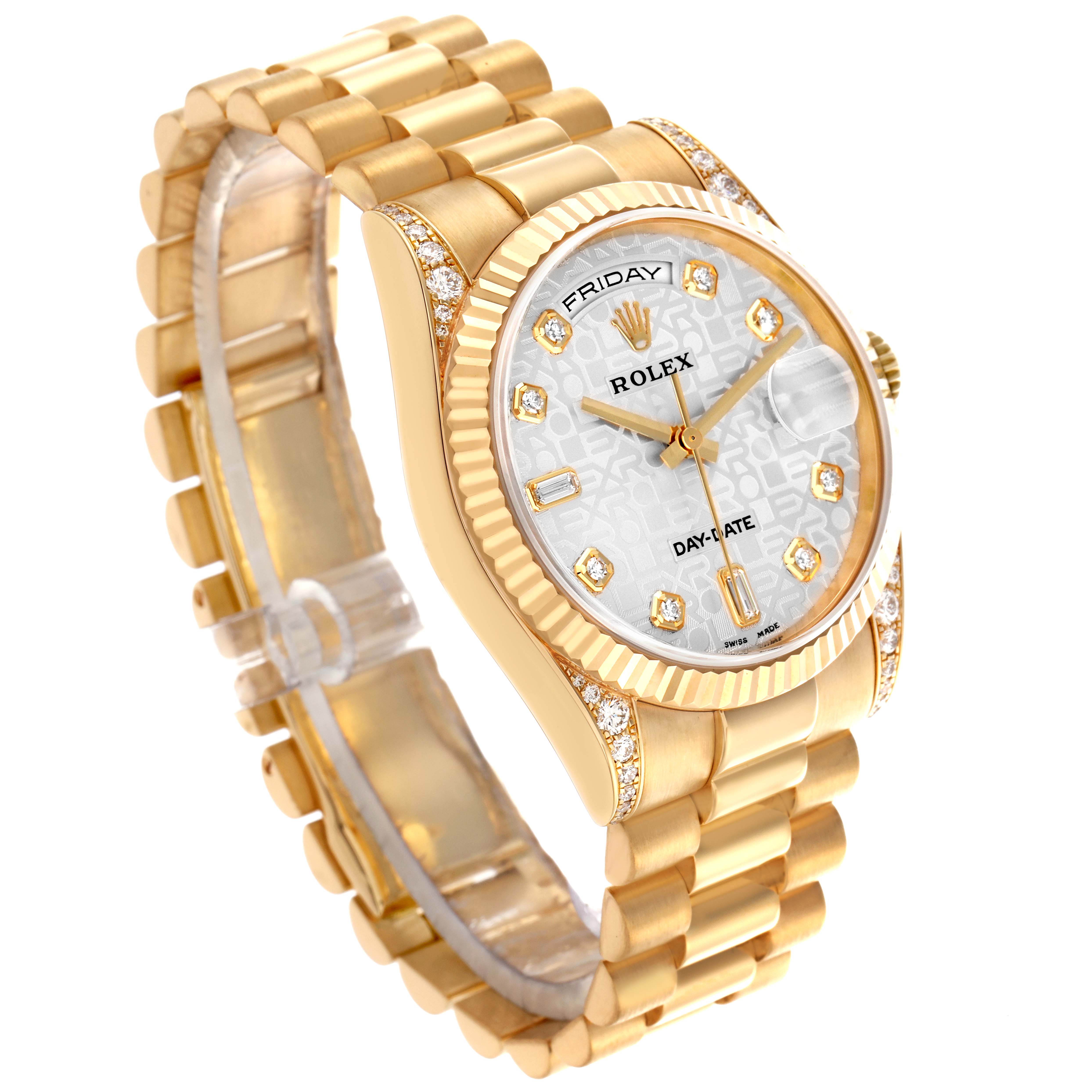 The Rolex President 118338 Men
s Yellow Gold Silver Dial 118338 Men
s Yellow Gold Silver Dial model is shown at an oblique angle, highlighting the gold bracelet, fluted bezel, and diamond hour markers.