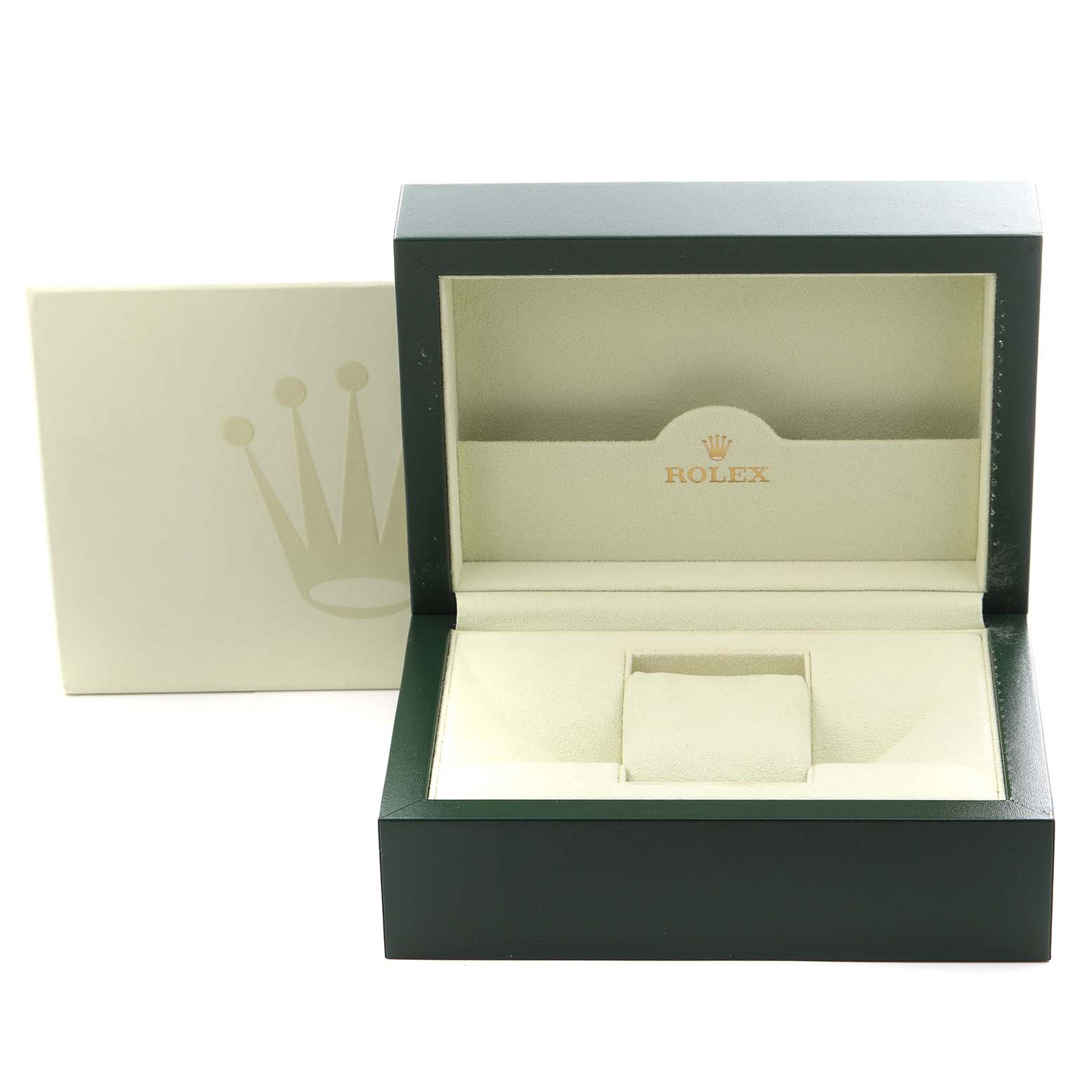 The image shows an open Rolex President 118338 Men
s Yellow Gold Silver Dial 118338 Men
s Yellow Gold Silver Dial watch box from a front angle, featuring the signature green and beige interior.